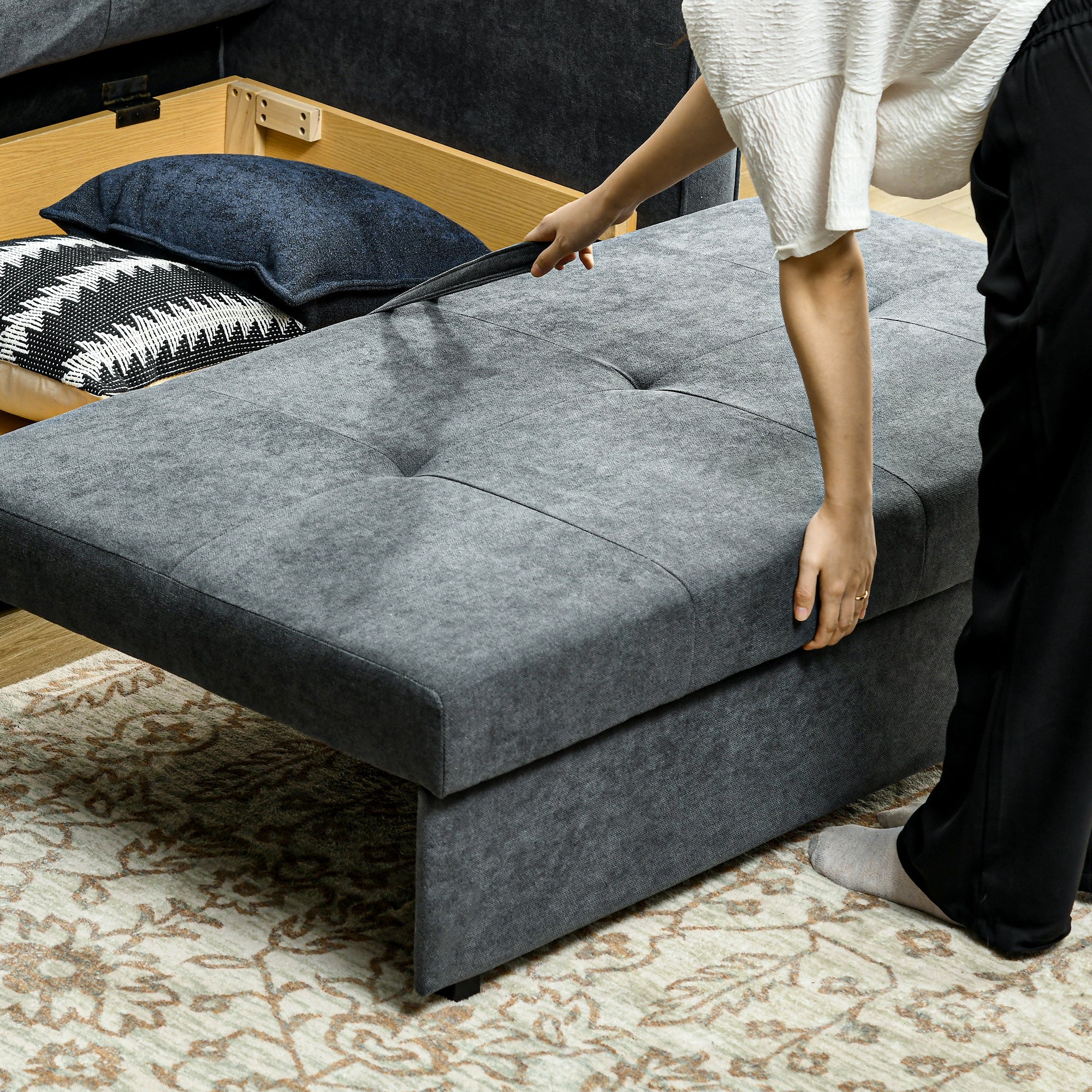 Convertible Sofa Bed, Modern Loveseat Sofa Couch w/ 2 Cushions, Hidden Storage, Dark Grey - Image 11