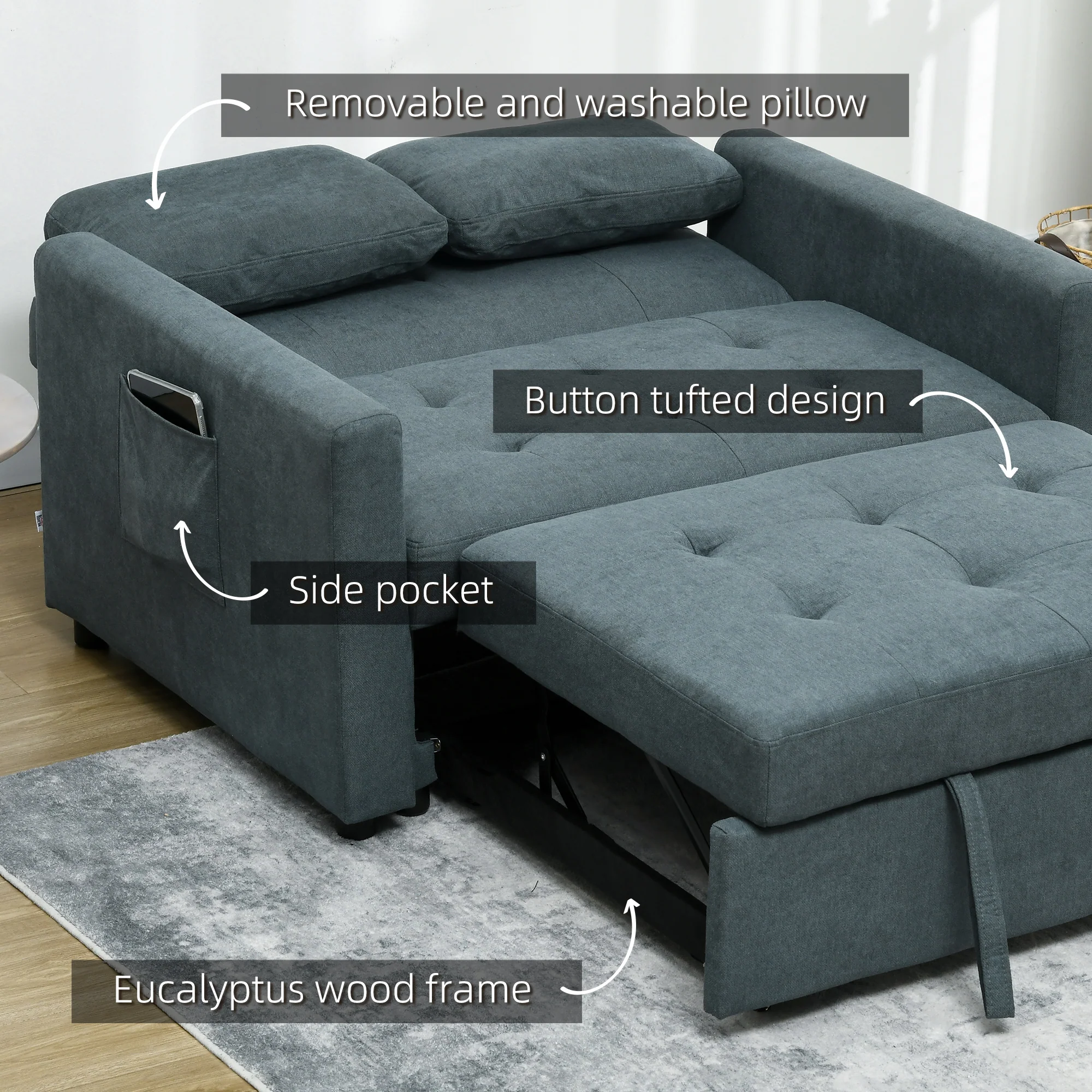 Modern Fabric Loveseat Sofa Bed with Cushions & Side Pockets for Living Room, Charcoal Grey - Image 9