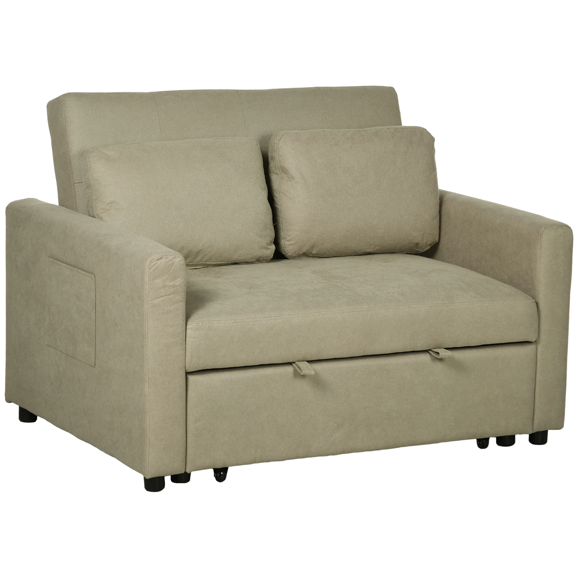 Modern Fabric Loveseat Sofa Bed with Cushions & Side Pockets for Living Room, Light Brown