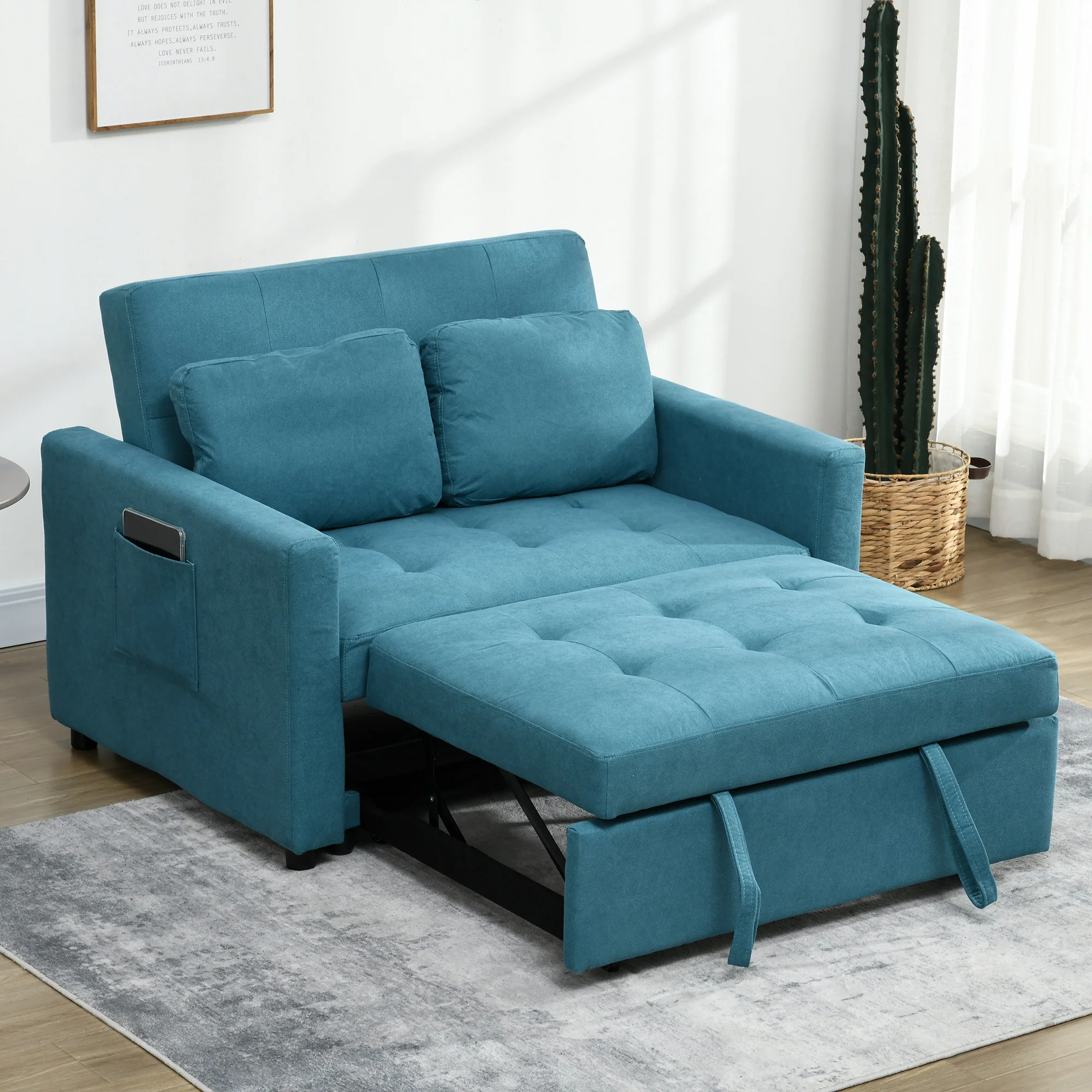 Modern Fabric Loveseat Sofa Bed with Cushions & Side Pockets for Living Room, Blue - Image 4