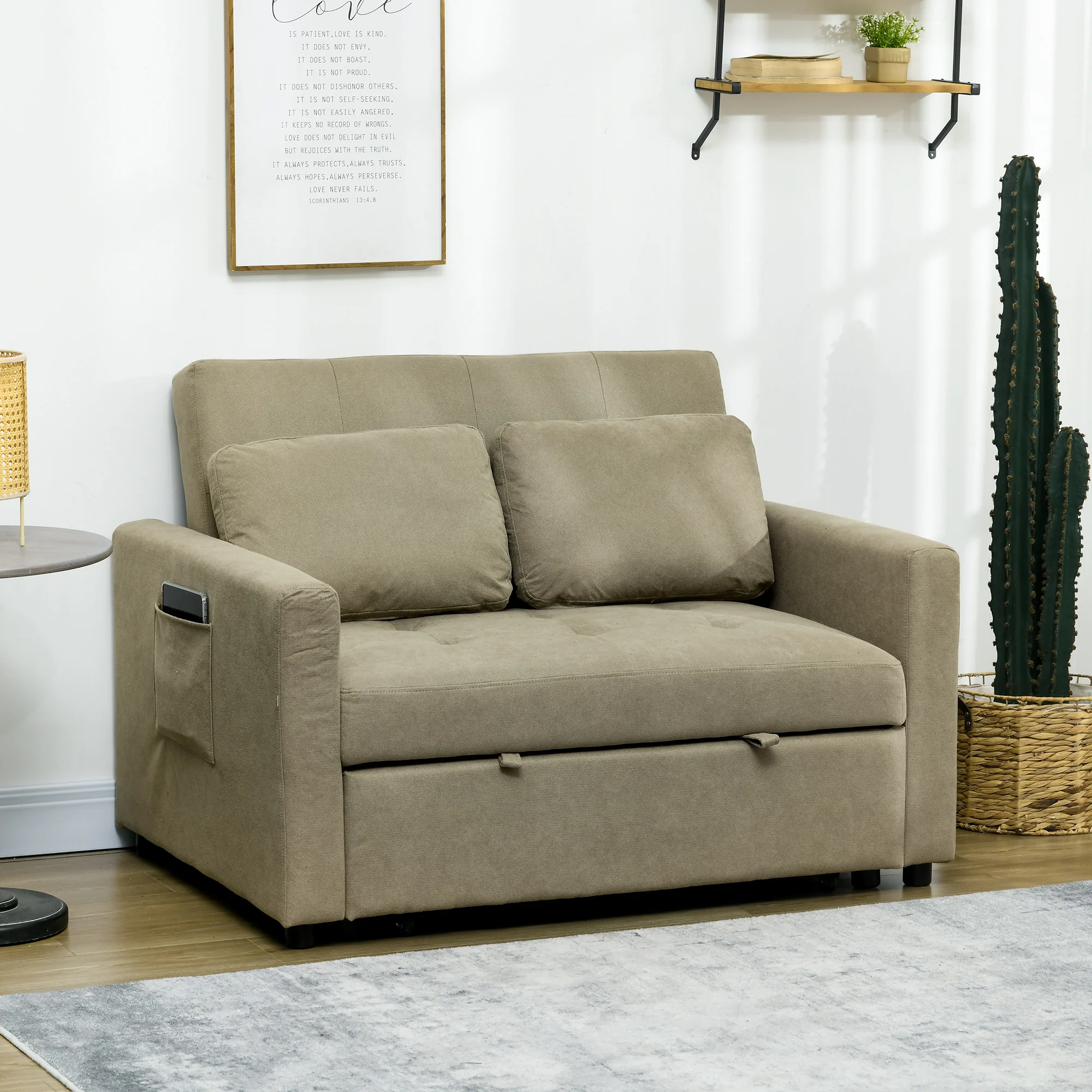 Modern Fabric Loveseat Sofa Bed with Cushions & Side Pockets for Living Room, Light Brown - Image 3