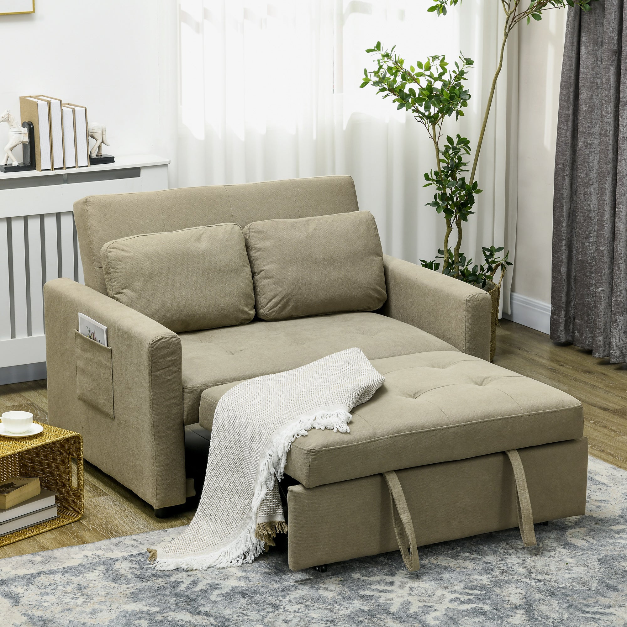 Modern Fabric Loveseat Sofa Bed with Cushions & Side Pockets for Living Room, Light Brown - Image 4