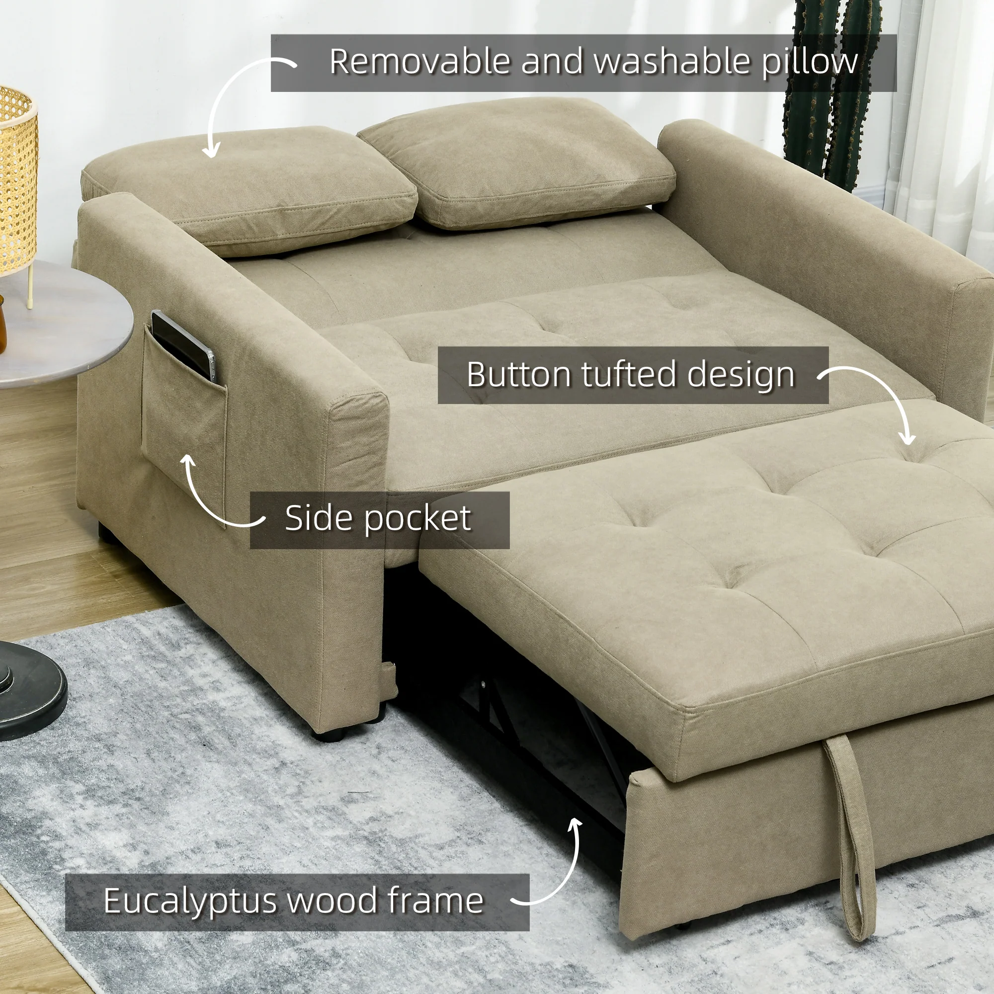 Modern Fabric Loveseat Sofa Bed with Cushions & Side Pockets for Living Room, Light Brown - Image 9