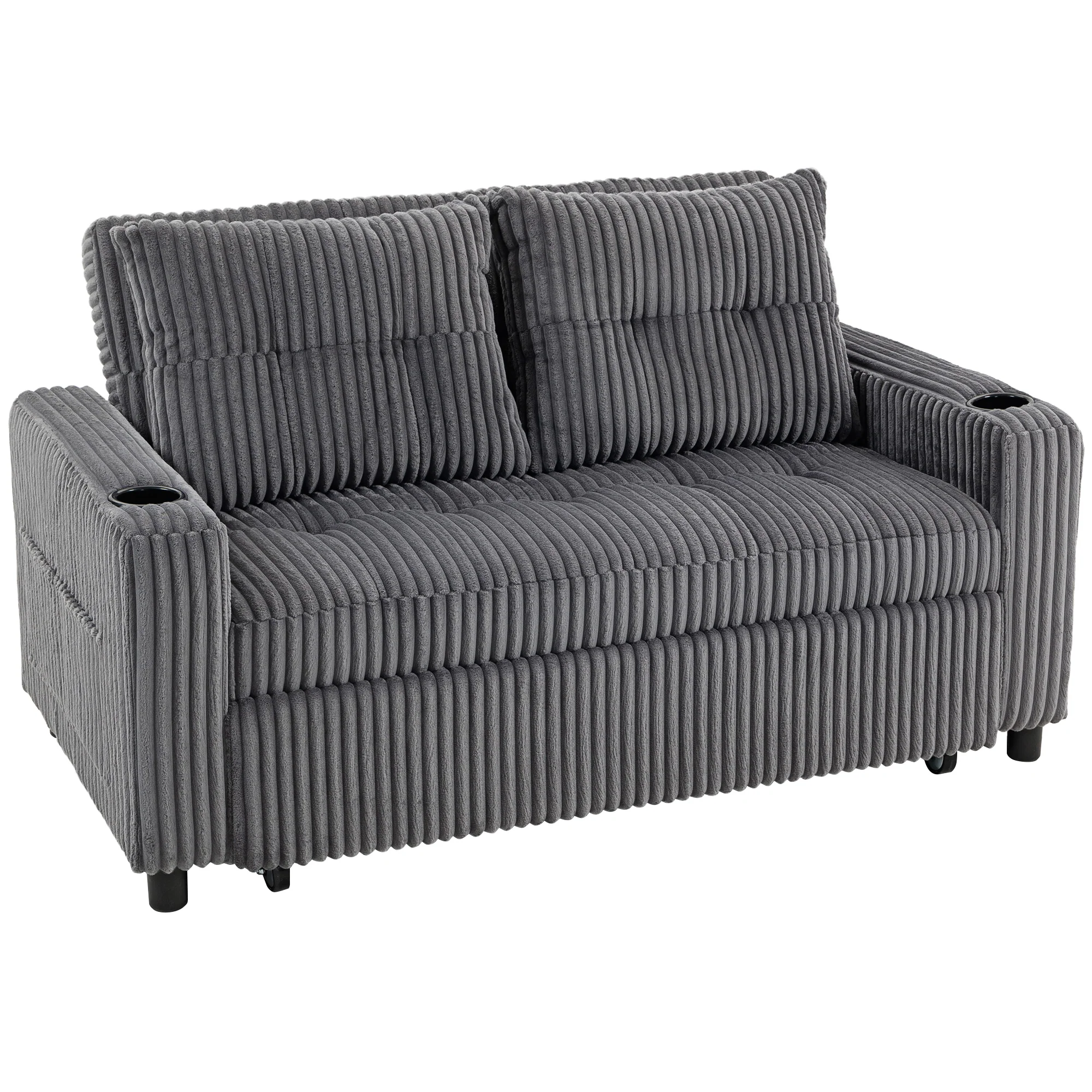 2 Seater Sofa Bed, Corduroy Click Clack Sleeper Sofa with Pull Out Design, Side Pockets, Convertible for Living Room, 157x190cm, Charcoal Grey - Image 11