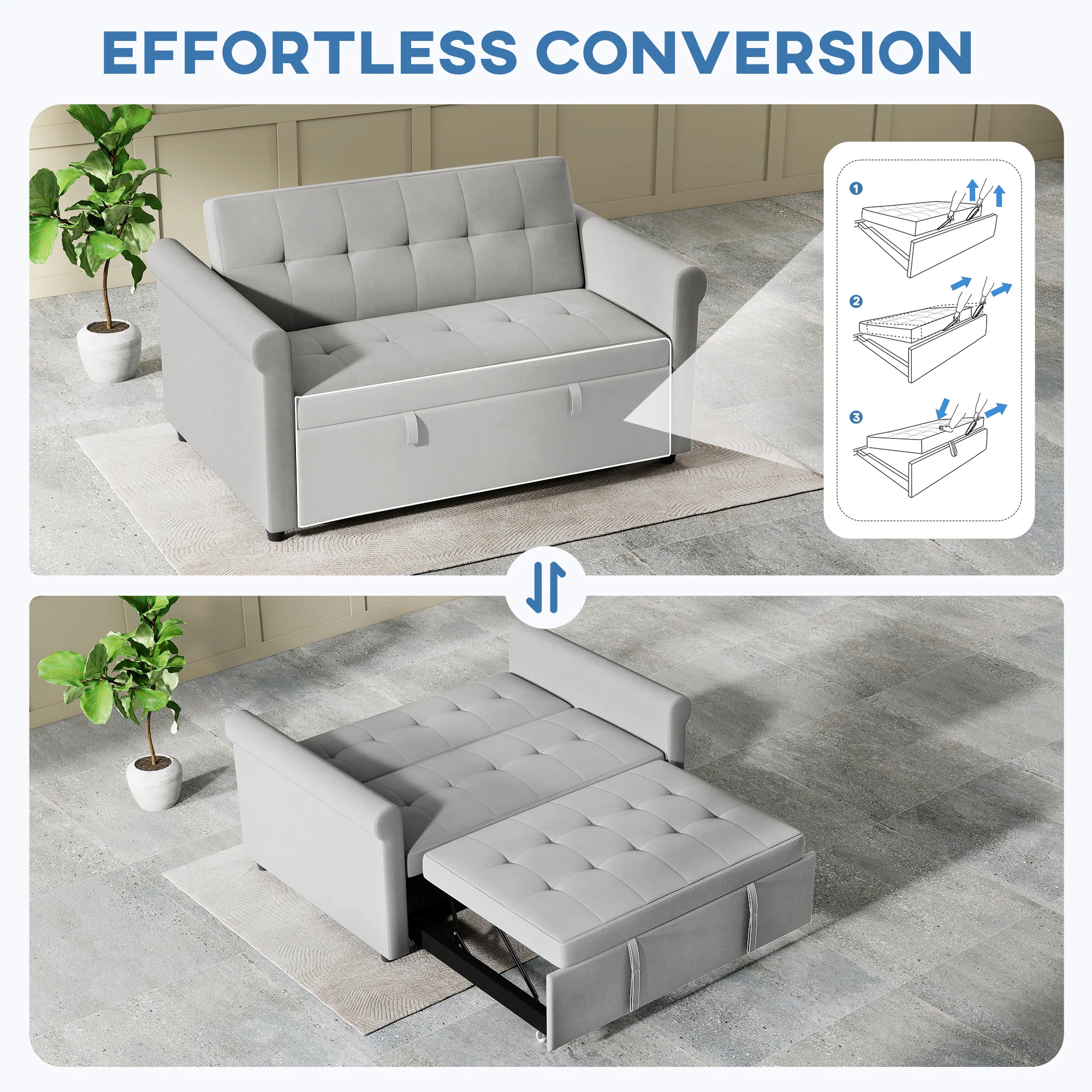 2 Seater Sofa Bed with 7-Position Adjustable Backrest, Convertible Pull Out Sleeper Sofa, Grey - Image 6