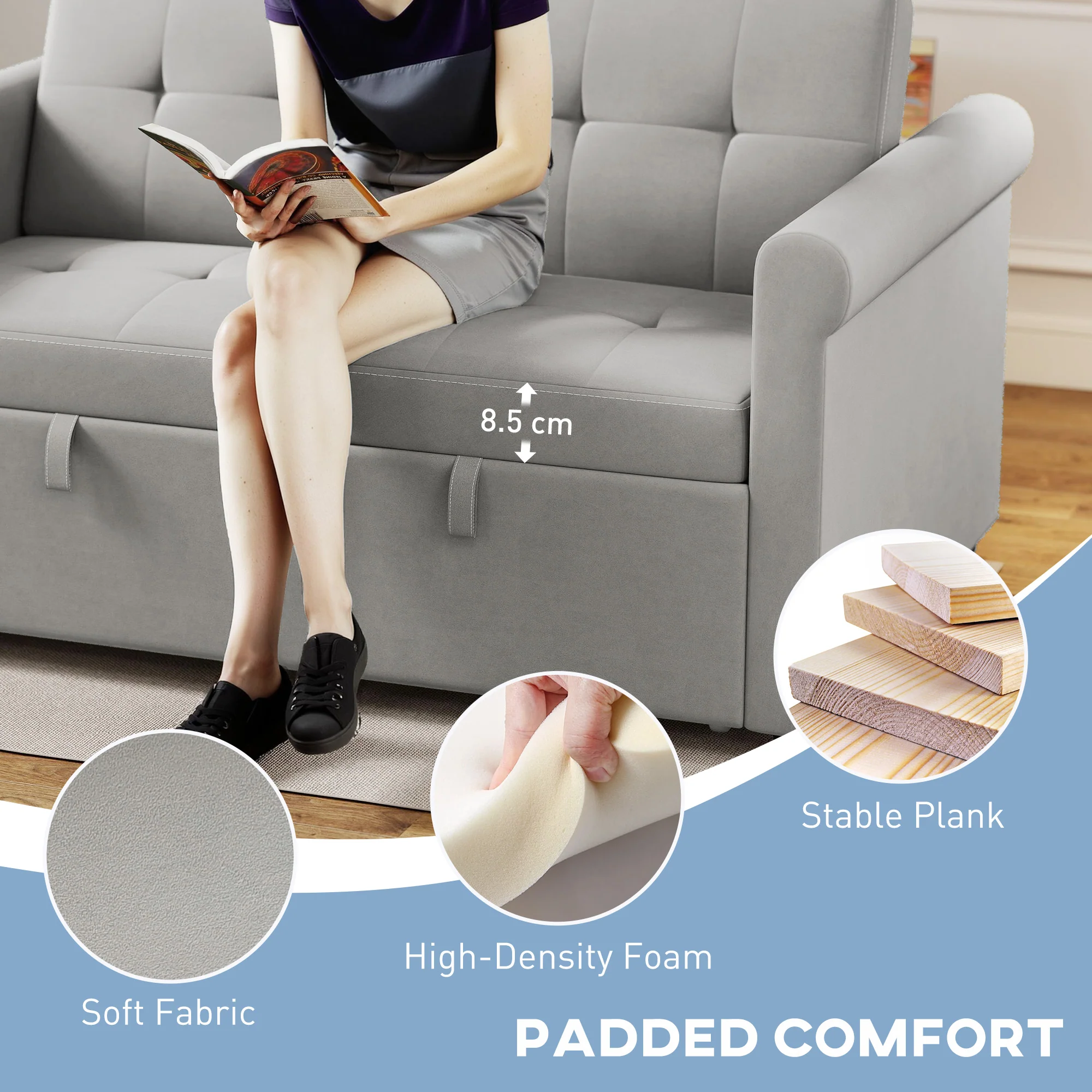 2 Seater Sofa Bed with 7-Position Adjustable Backrest, Convertible Pull Out Sleeper Sofa, Grey - Image 8