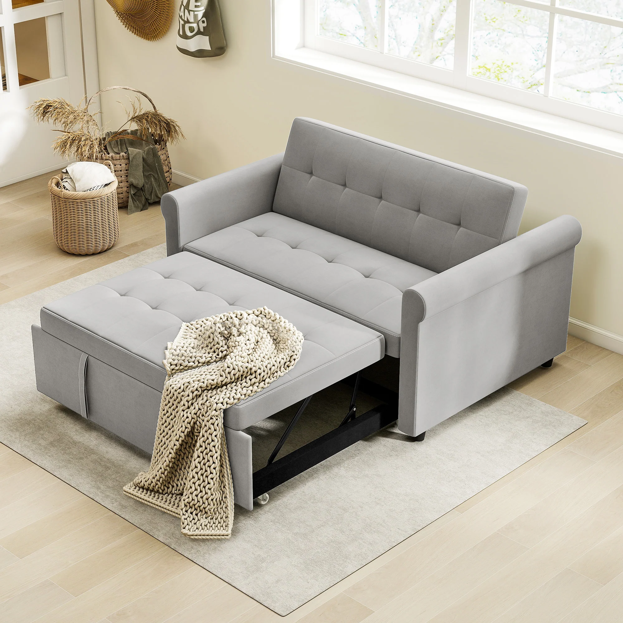 2 Seater Sofa Bed with 7-Position Adjustable Backrest, Convertible Pull Out Sleeper Sofa, Grey - Image 9