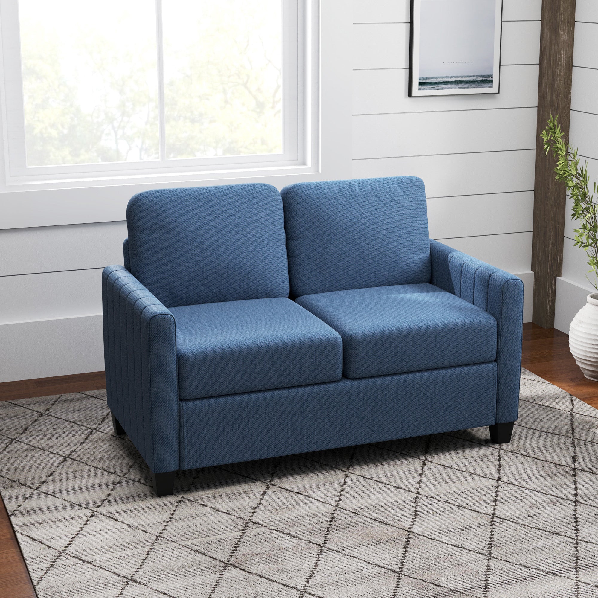 2 Seater Sofa, Channel Tufted Fabric Couch with Cushion, Back Pillow, Blue - Image 10
