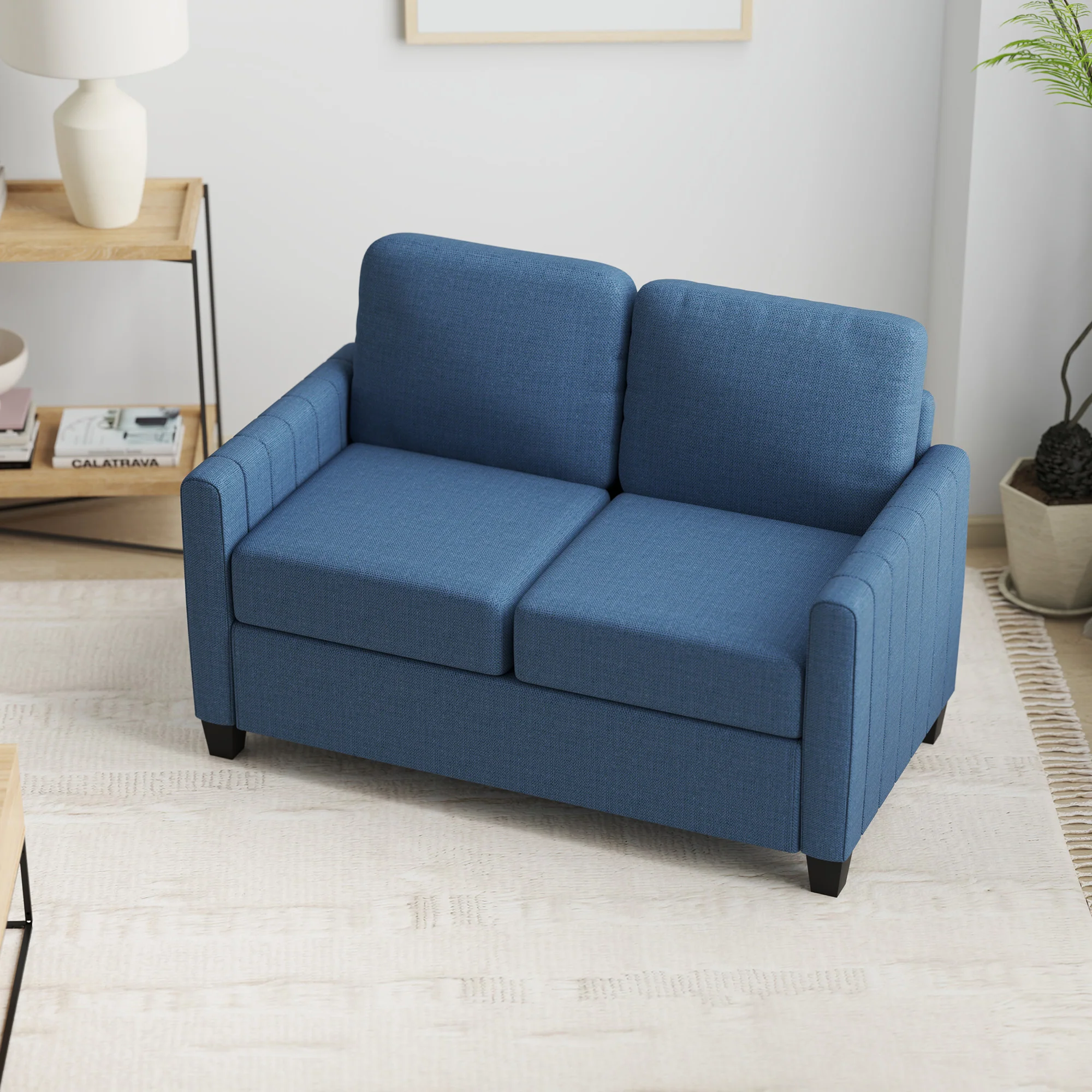 2 Seater Sofa, Channel Tufted Fabric Couch with Cushion, Back Pillow, Blue - Image 11