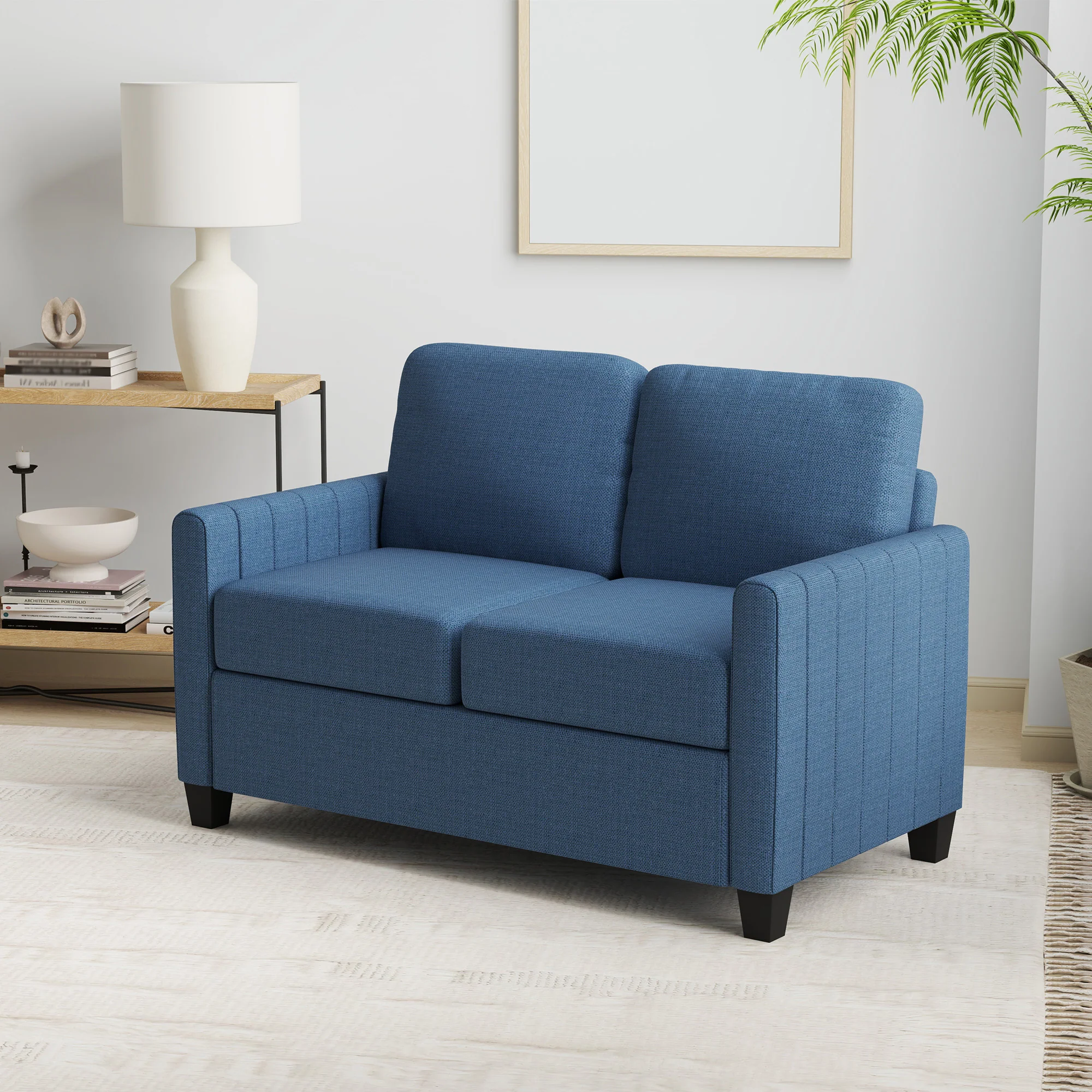 2 Seater Sofa, Channel Tufted Fabric Couch with Cushion, Back Pillow, Blue - Image 3