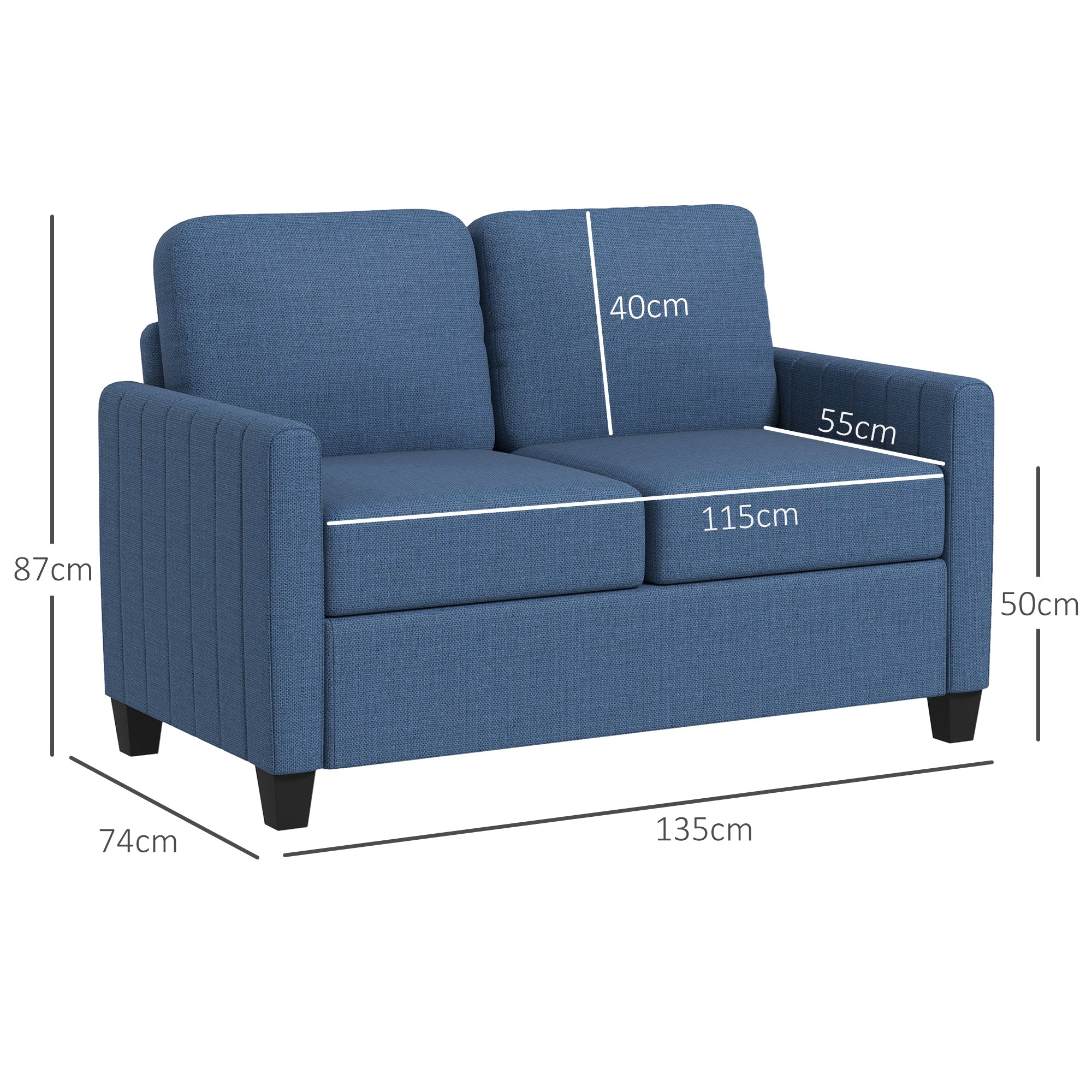 2 Seater Sofa, Channel Tufted Fabric Couch with Cushion, Back Pillow, Blue - Image 5