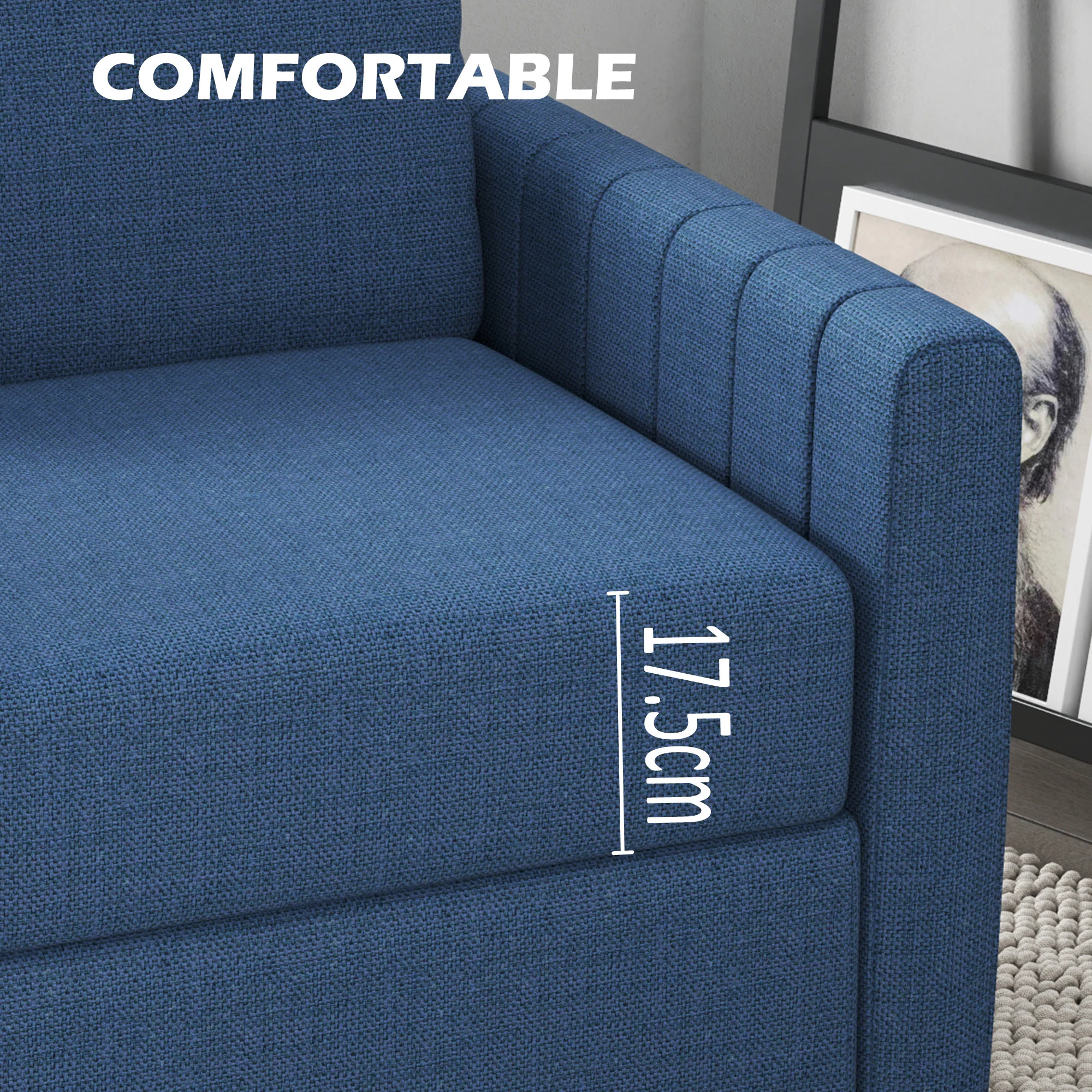 2 Seater Sofa, Channel Tufted Fabric Couch with Cushion, Back Pillow, Blue - Image 7