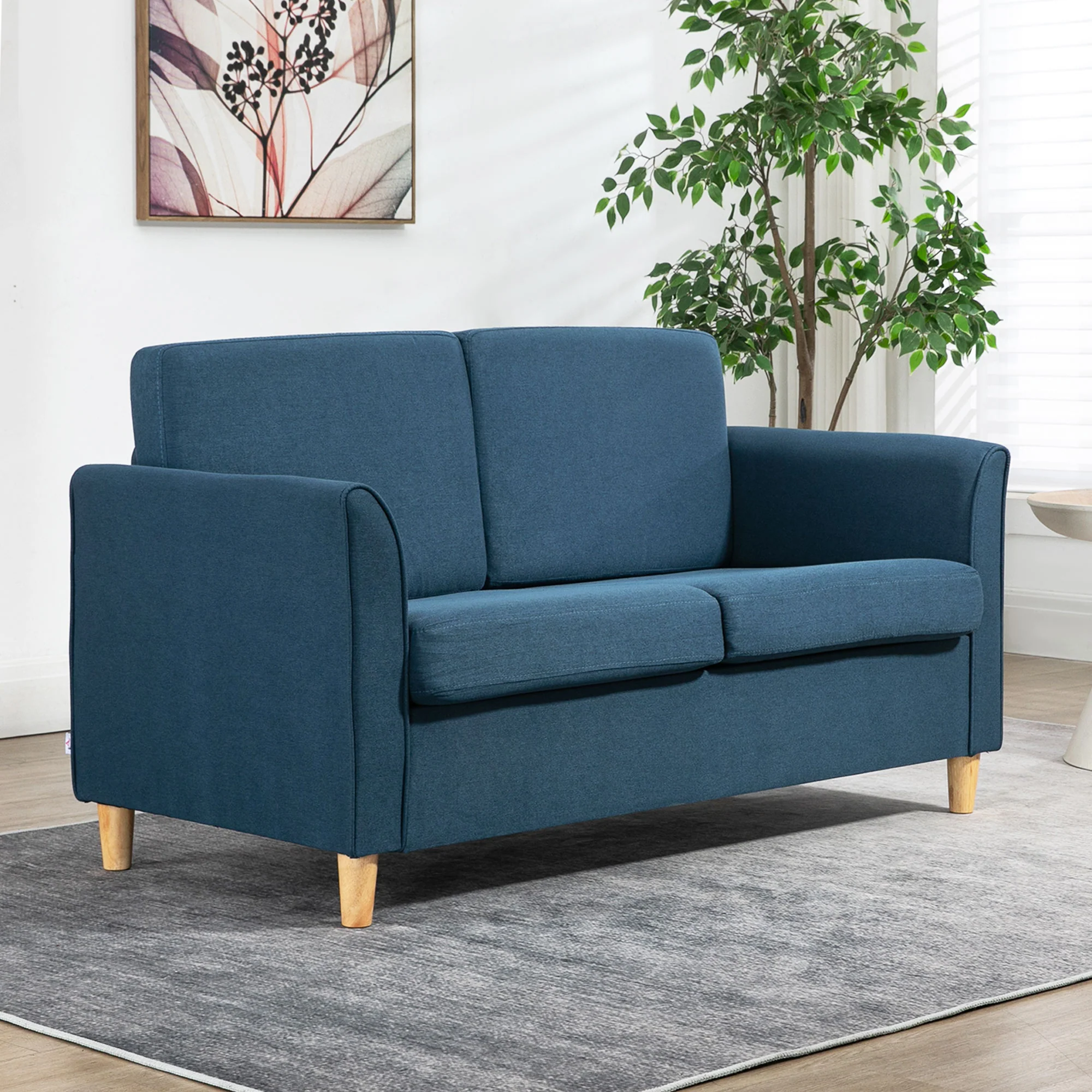 2 Seater Sofa, Fabric Compact Loveseat Couch with Wood Legs and Armrest, Blue - Image 3