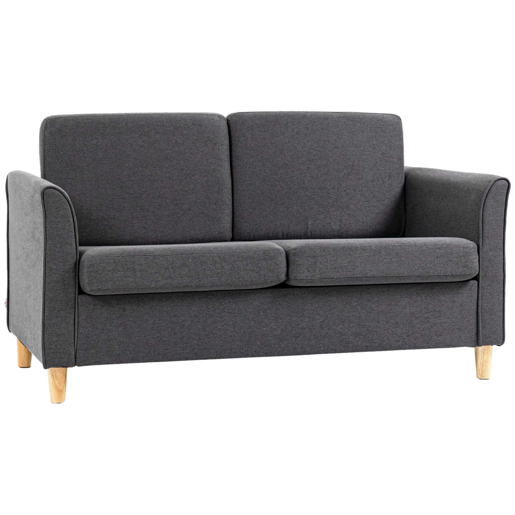 2 Seater Sofa, Fabric Compact Loveseat Couch with Wood Legs and Armrest, Dark Grey