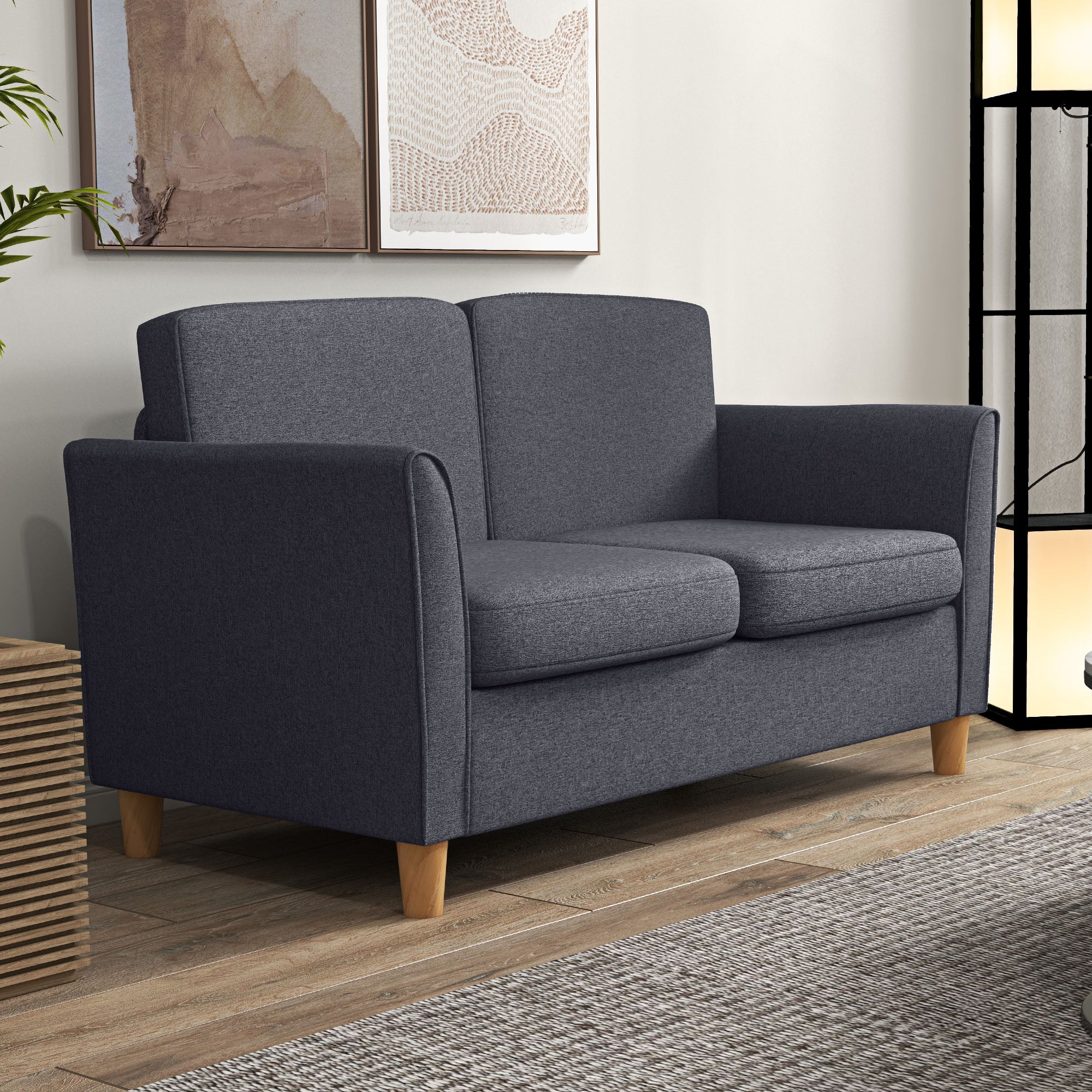 2 Seater Sofa, Fabric Compact Loveseat Couch with Wood Legs and Armrest, Dark Grey - Image 11