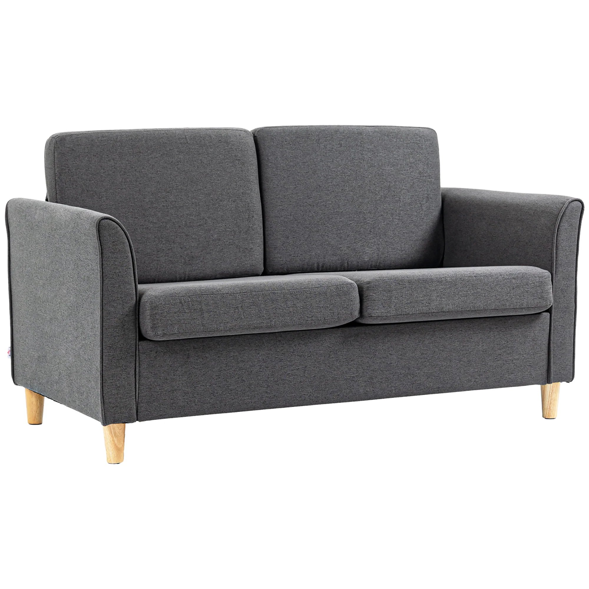 2 Seater Sofa, Fabric Compact Loveseat Couch with Wood Legs and Armrest, Dark Grey - Image 2