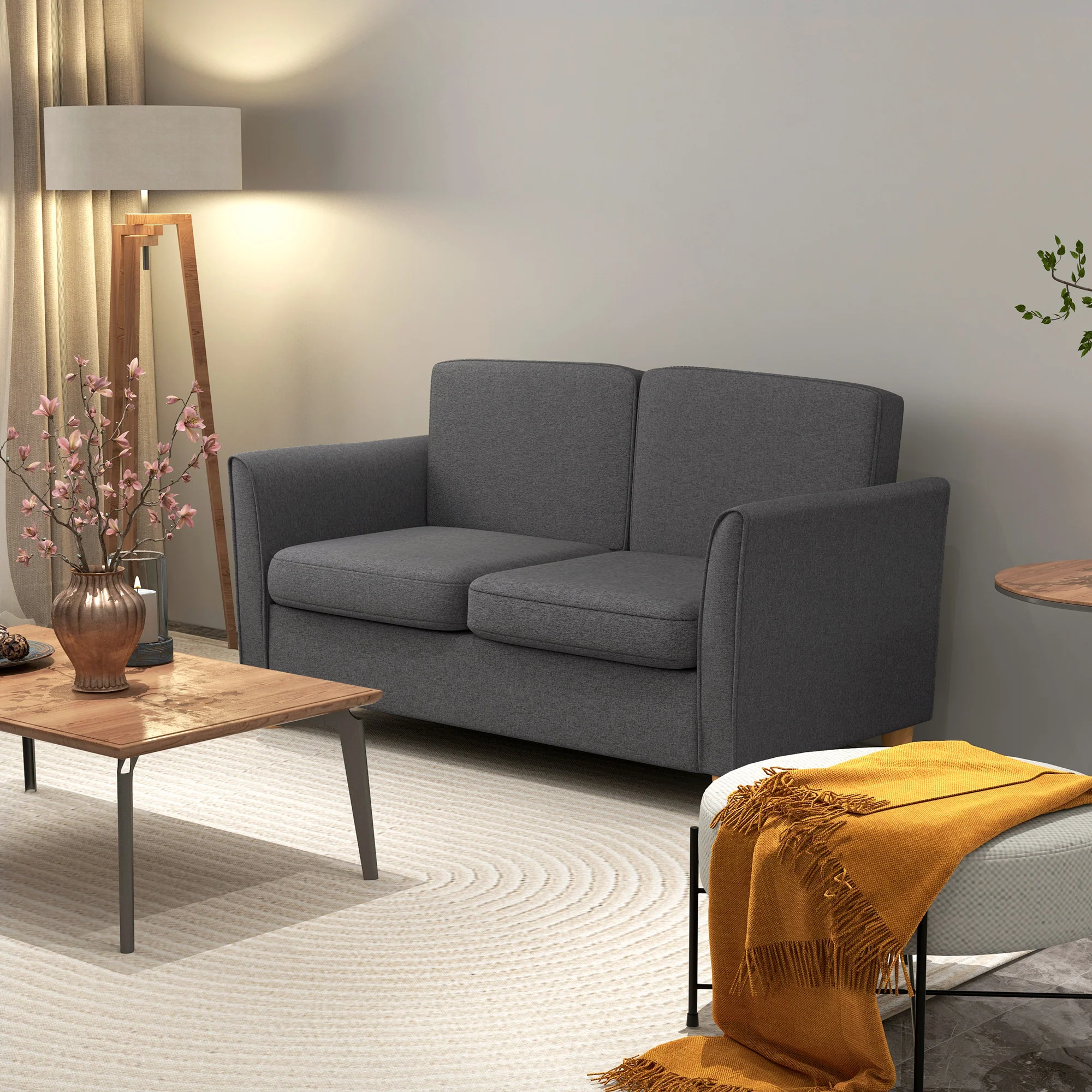 2 Seater Sofa, Fabric Compact Loveseat Couch with Wood Legs and Armrest, Dark Grey - Image 3