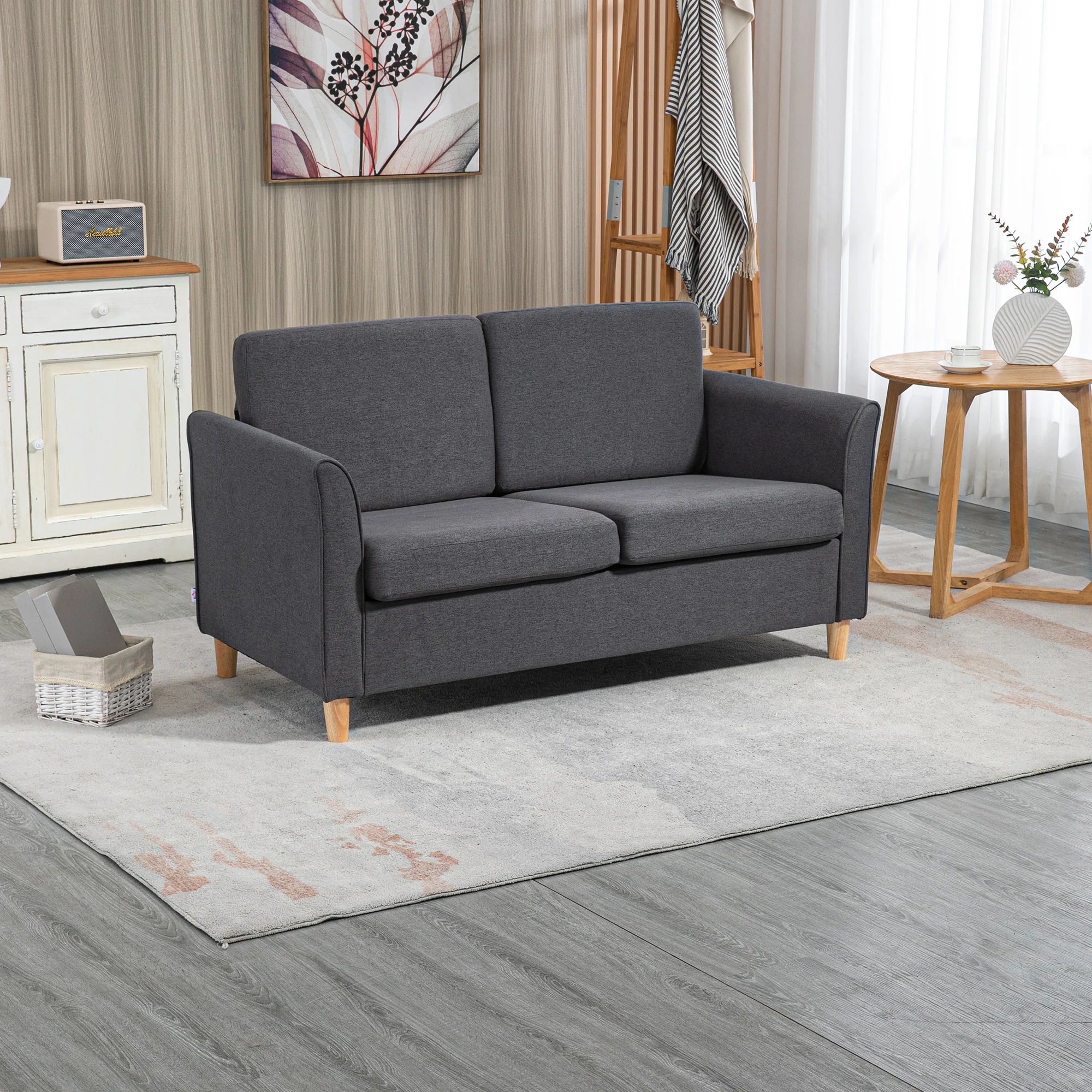 2 Seater Sofa, Fabric Compact Loveseat Couch with Wood Legs and Armrest, Dark Grey - Image 4
