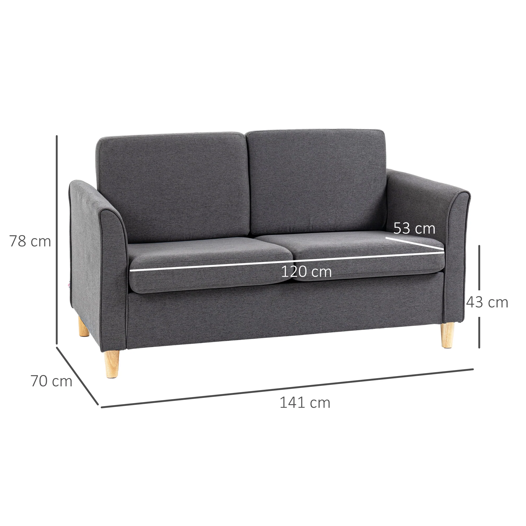2 Seater Sofa, Fabric Compact Loveseat Couch with Wood Legs and Armrest, Dark Grey - Image 5