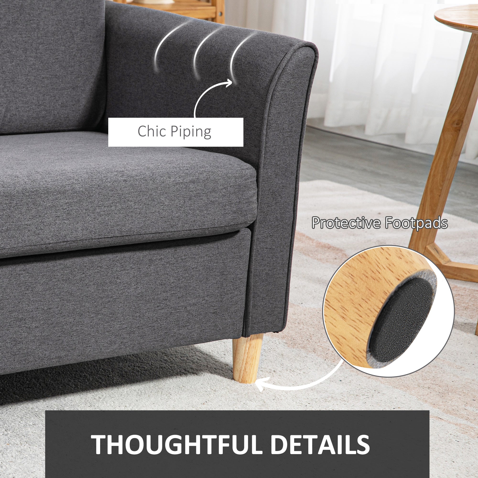 2 Seater Sofa, Fabric Compact Loveseat Couch with Wood Legs and Armrest, Dark Grey - Image 8