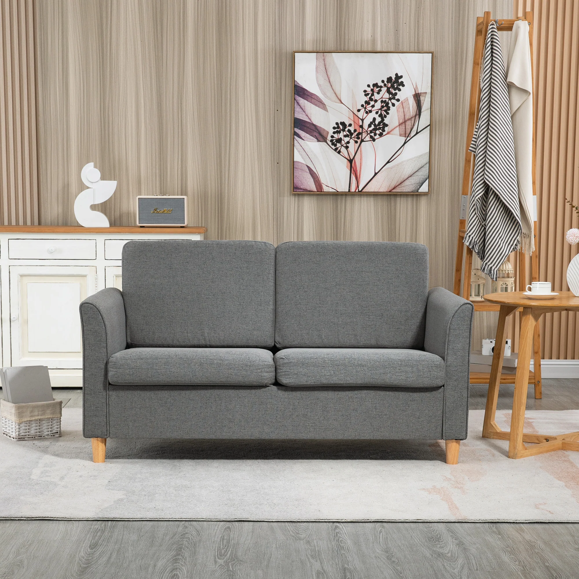 2 Seater Sofa, Fabric Compact Loveseat Couch with Wood Legs and Armrest, Grey - Image 4