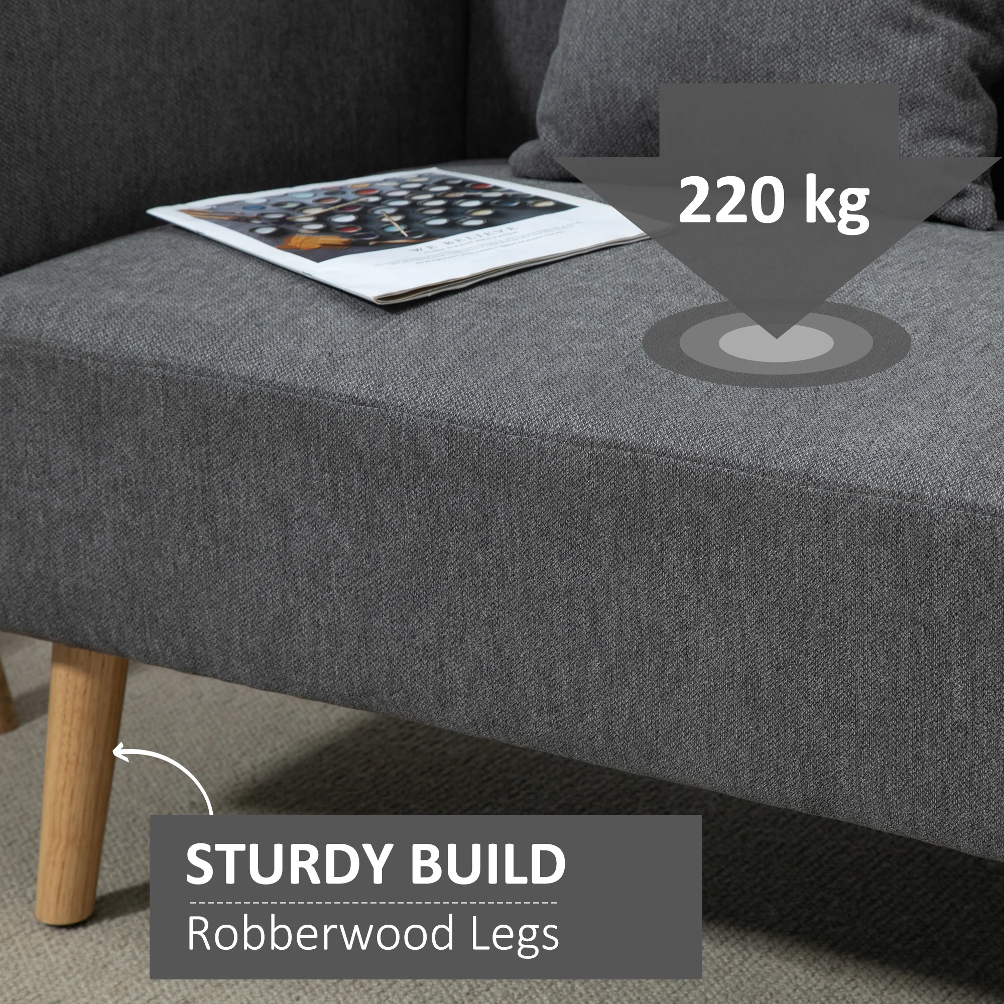 2 Seater Sofa, Modern Fabric Loveseat Sofa with 2 Pillows, Armrest & Wood Legs, Grey - Image 7
