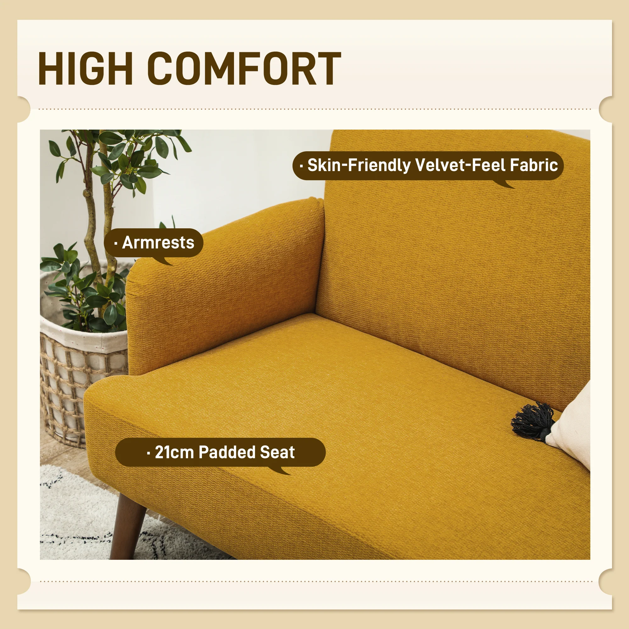 2 Seater Sofa, Velvet Feel Fabric Loveseat with 21cm Thick Padding and Wood Legs, Yellow - Image 6