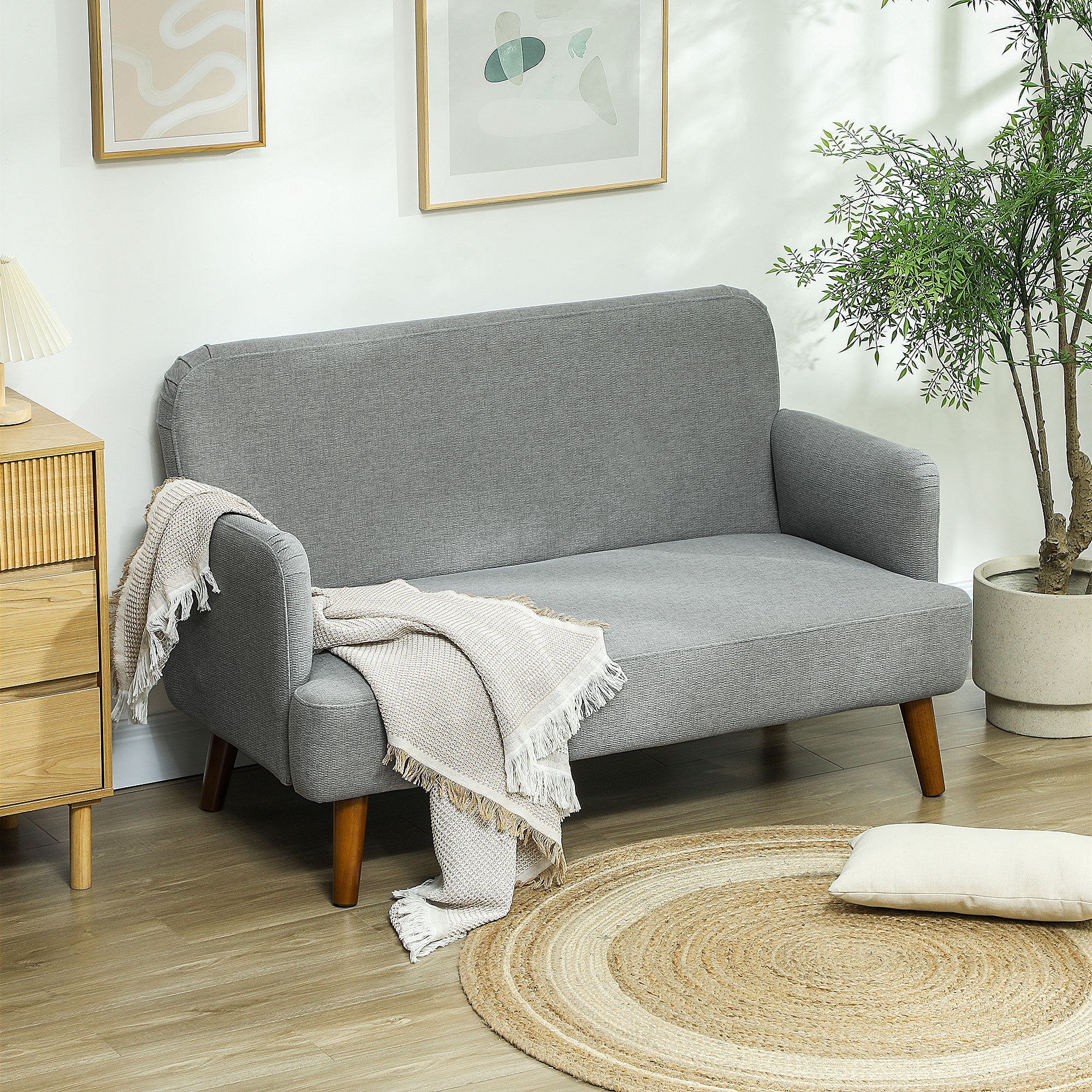 2 Seater Sofa, Velvet Feel Fabric Loveseat with 21cm Thick Padding and Wood Legs, Grey - Image 3