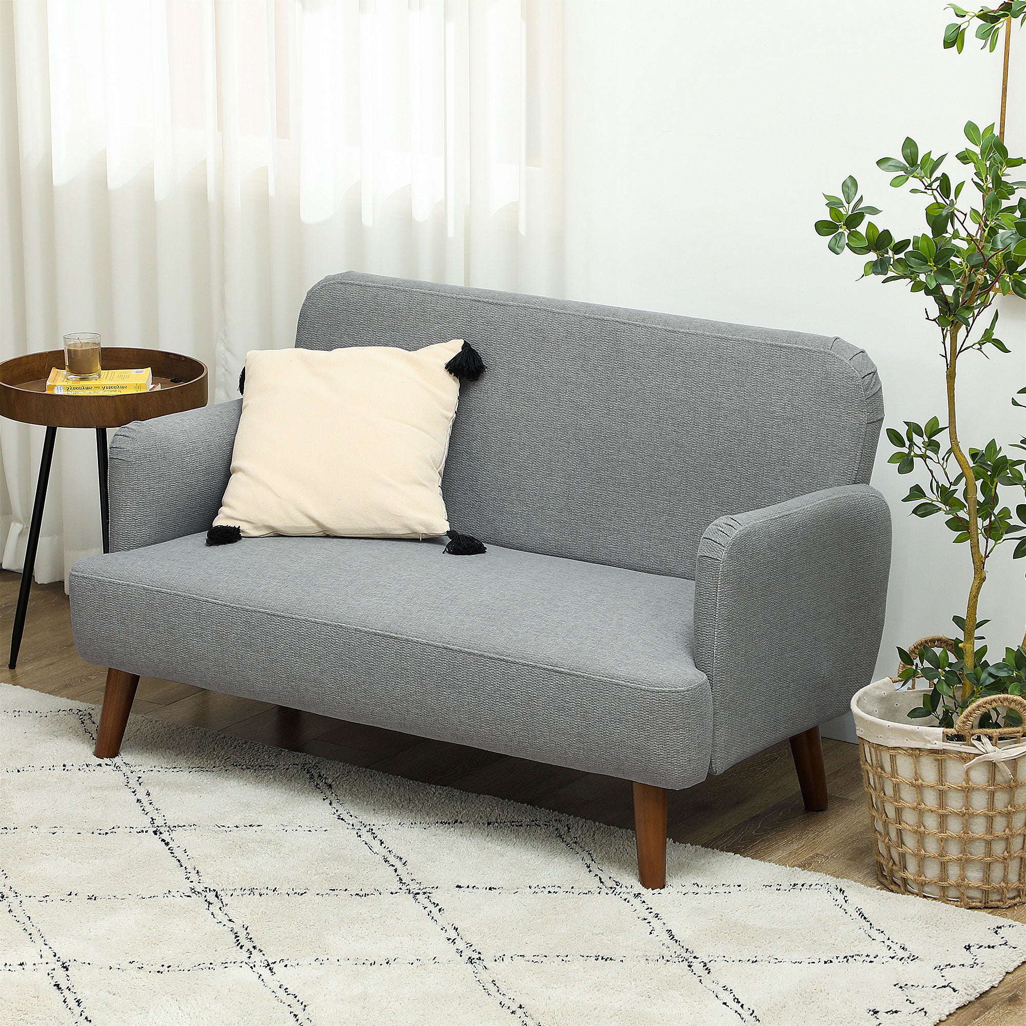 2 Seater Sofa, Velvet Feel Fabric Loveseat with 21cm Thick Padding and Wood Legs, Grey - Image 4