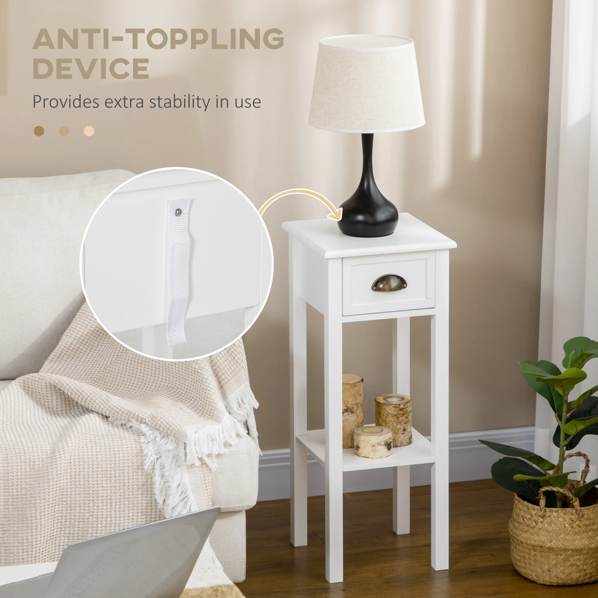 2 Tier Side Table with Drawer and Shelf End Table for Living Room and Hallway White - Image 7