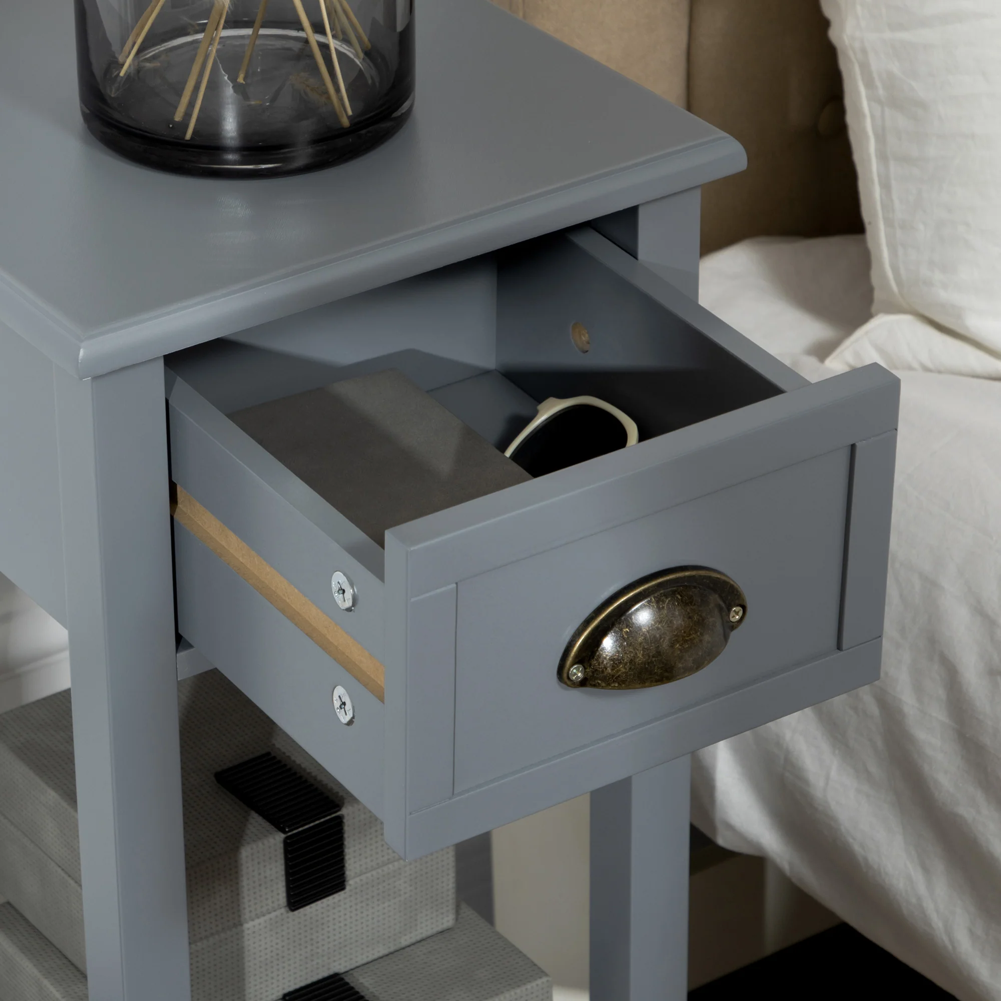 2 Tier Side Table, Nightstand End Table with Drawer and Bottom Shelf, Grey - Image 11