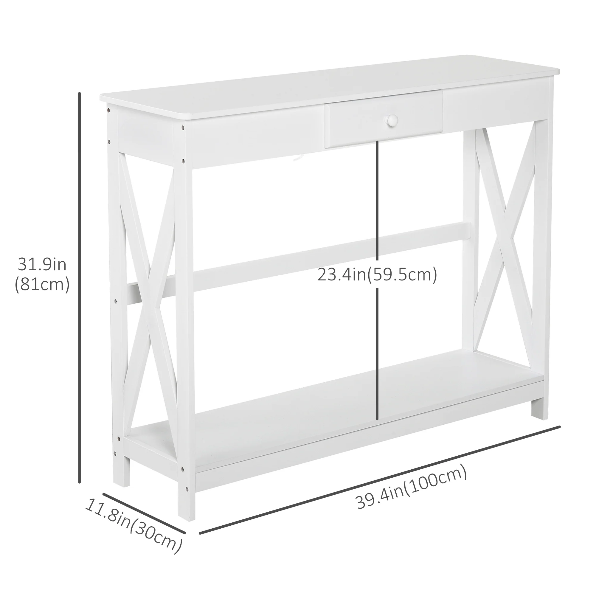 2 Tier X-Design Console Table, Sofa Side Table w/ Drawer & Storage Shelf for Entryway, White - Image 5