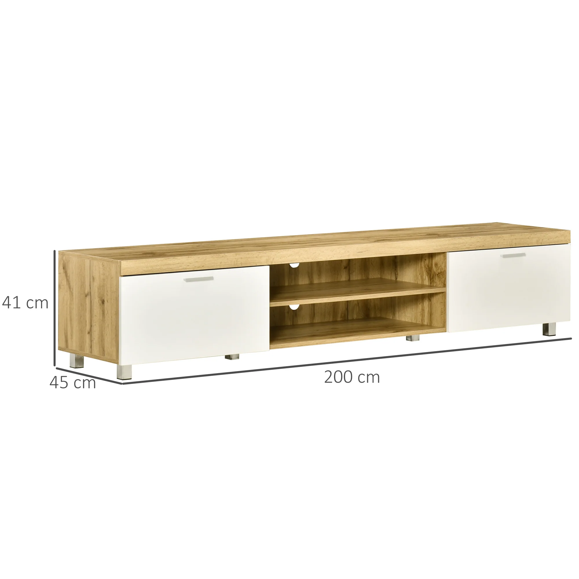 200cm TV Cabinet for TVs up to 90" with Storage & Open Shelves, White and Light Brown - Image 5