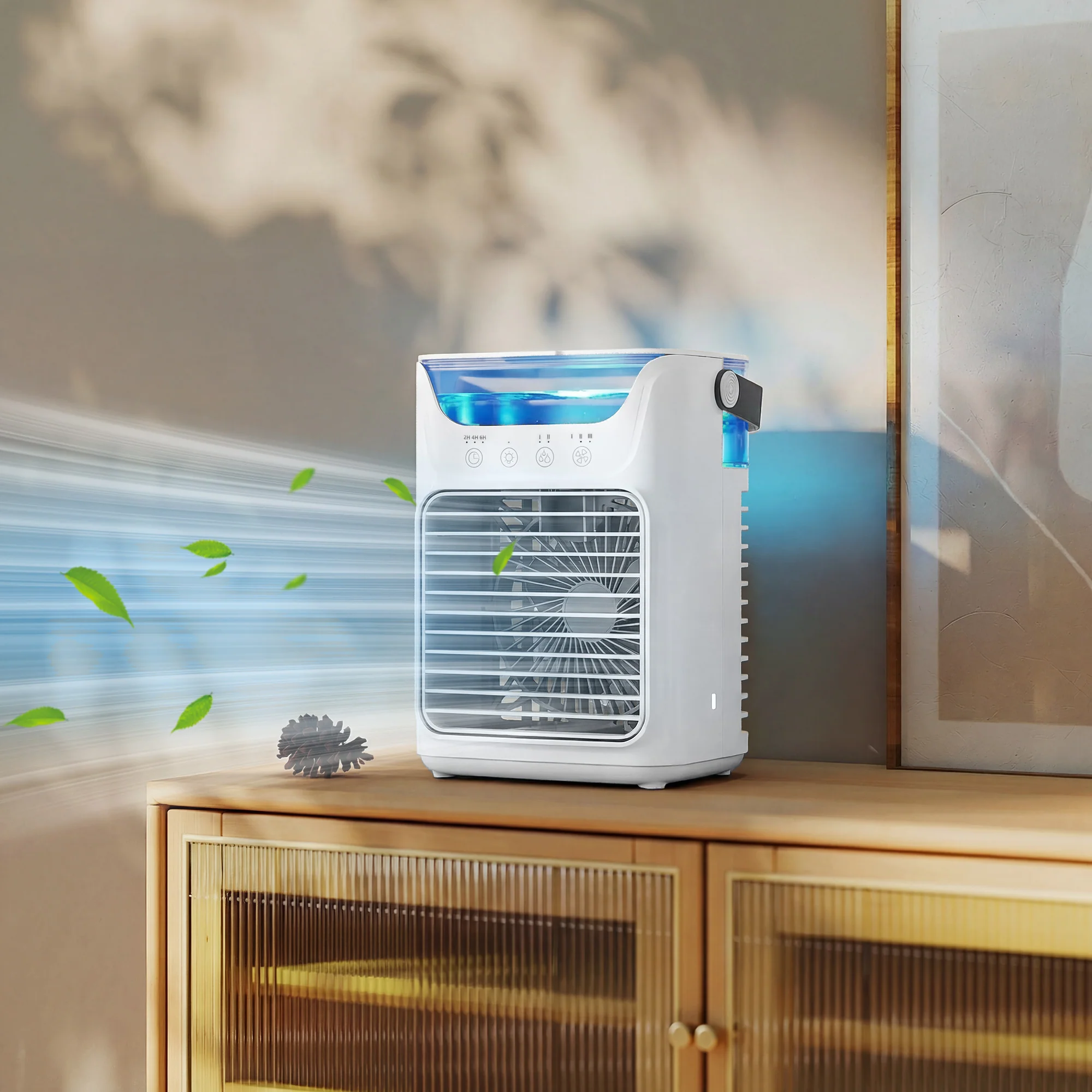 21 cm Desk Fan with Adjustable Head, 3-Speed Table Fan with Water Tank & RGB Light, White - Image 3