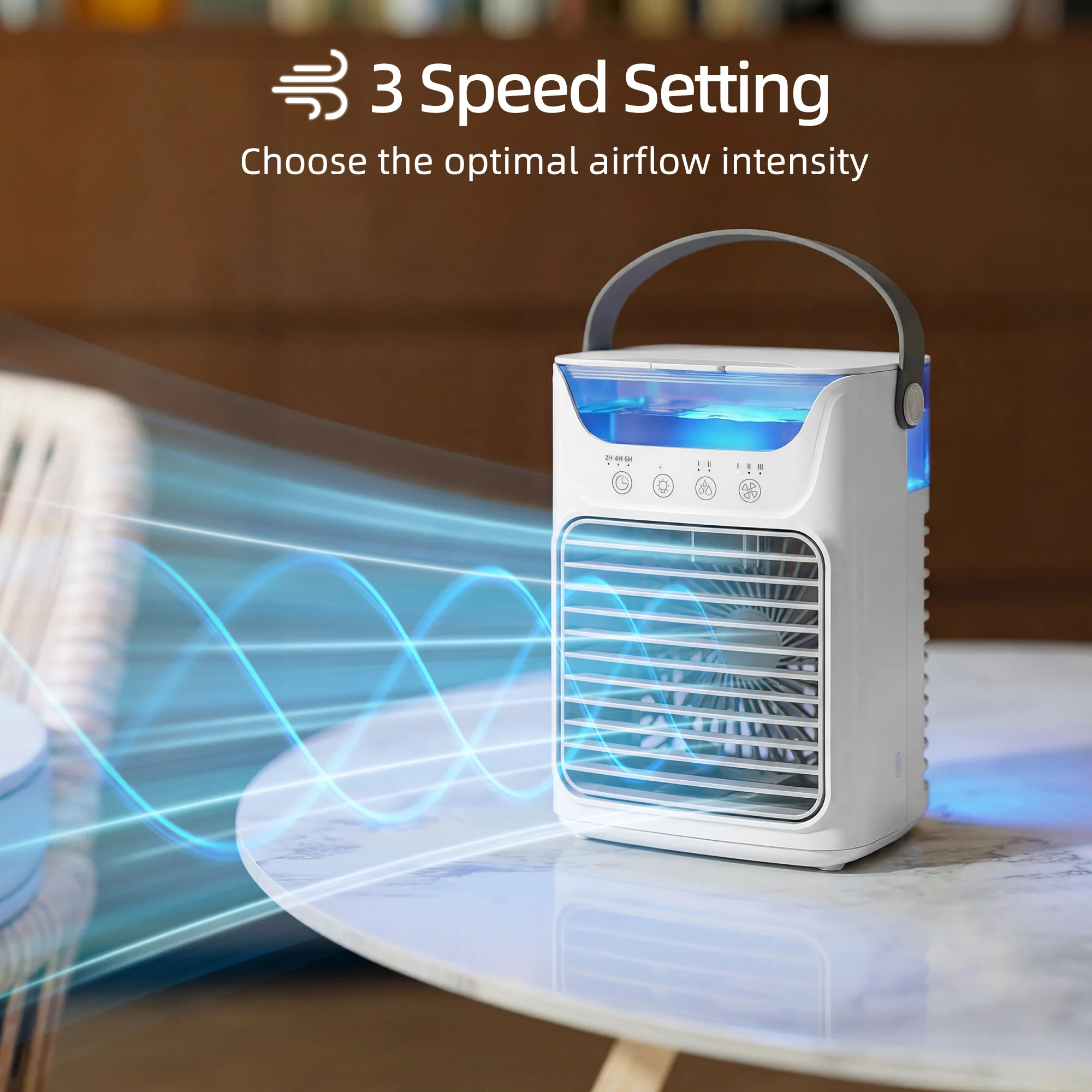 21 cm Desk Fan with Adjustable Head, 3-Speed Table Fan with Water Tank & RGB Light, White - Image 6