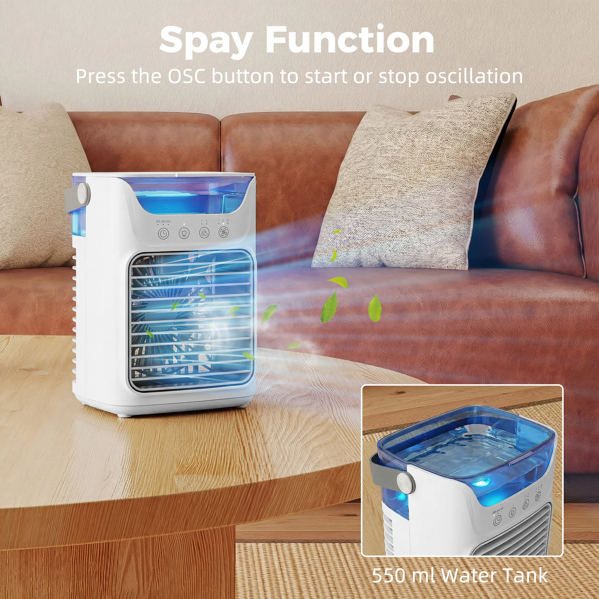 21 cm Desk Fan with Adjustable Head, 3-Speed Table Fan with Water Tank & RGB Light, White - Image 7