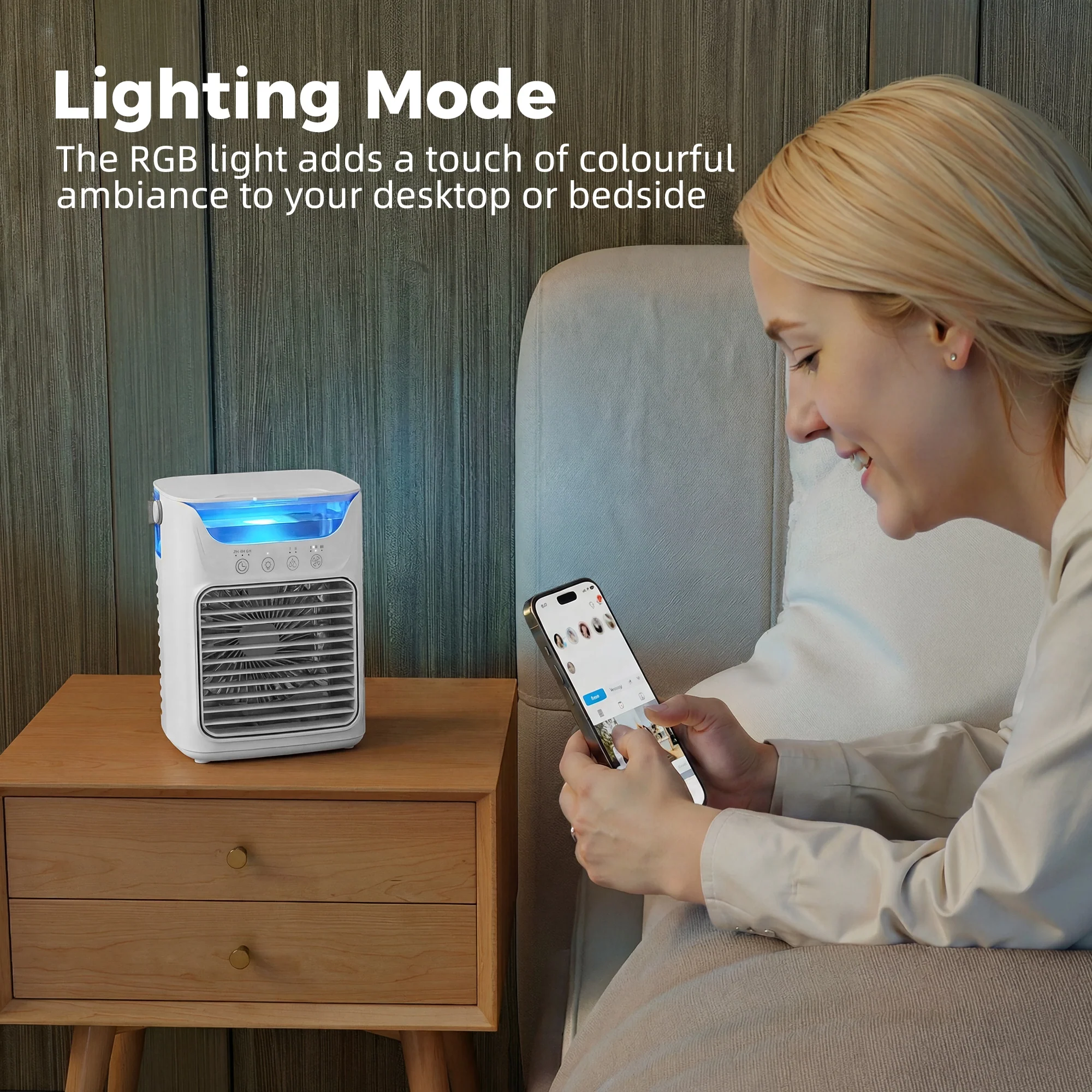 21 cm Desk Fan with Adjustable Head, 3-Speed Table Fan with Water Tank & RGB Light, White - Image 9