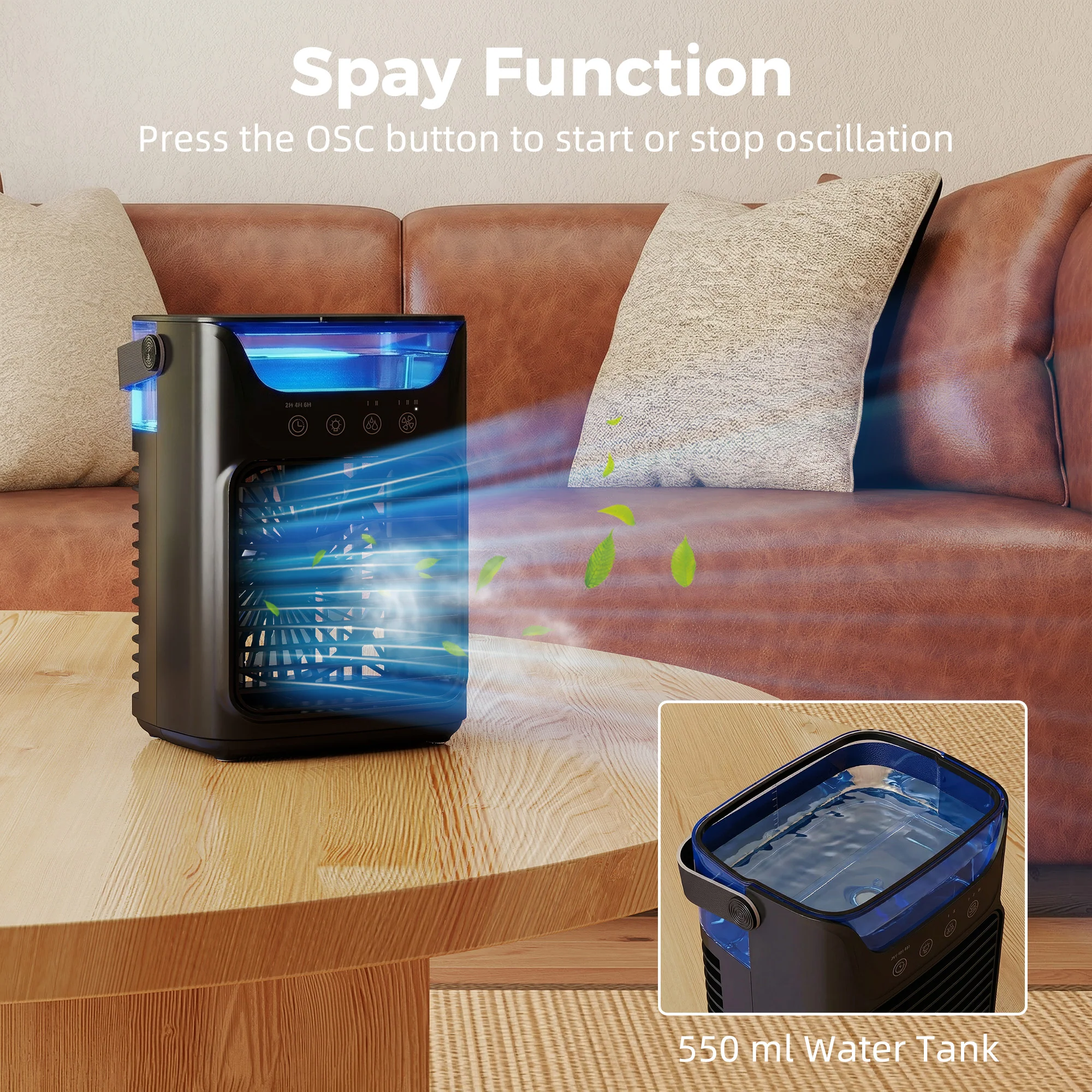 21 cm Desk Fan with Adjustable Head, 3-Speed Table Fan with Water Tank & RGB Light, Black - Image 7