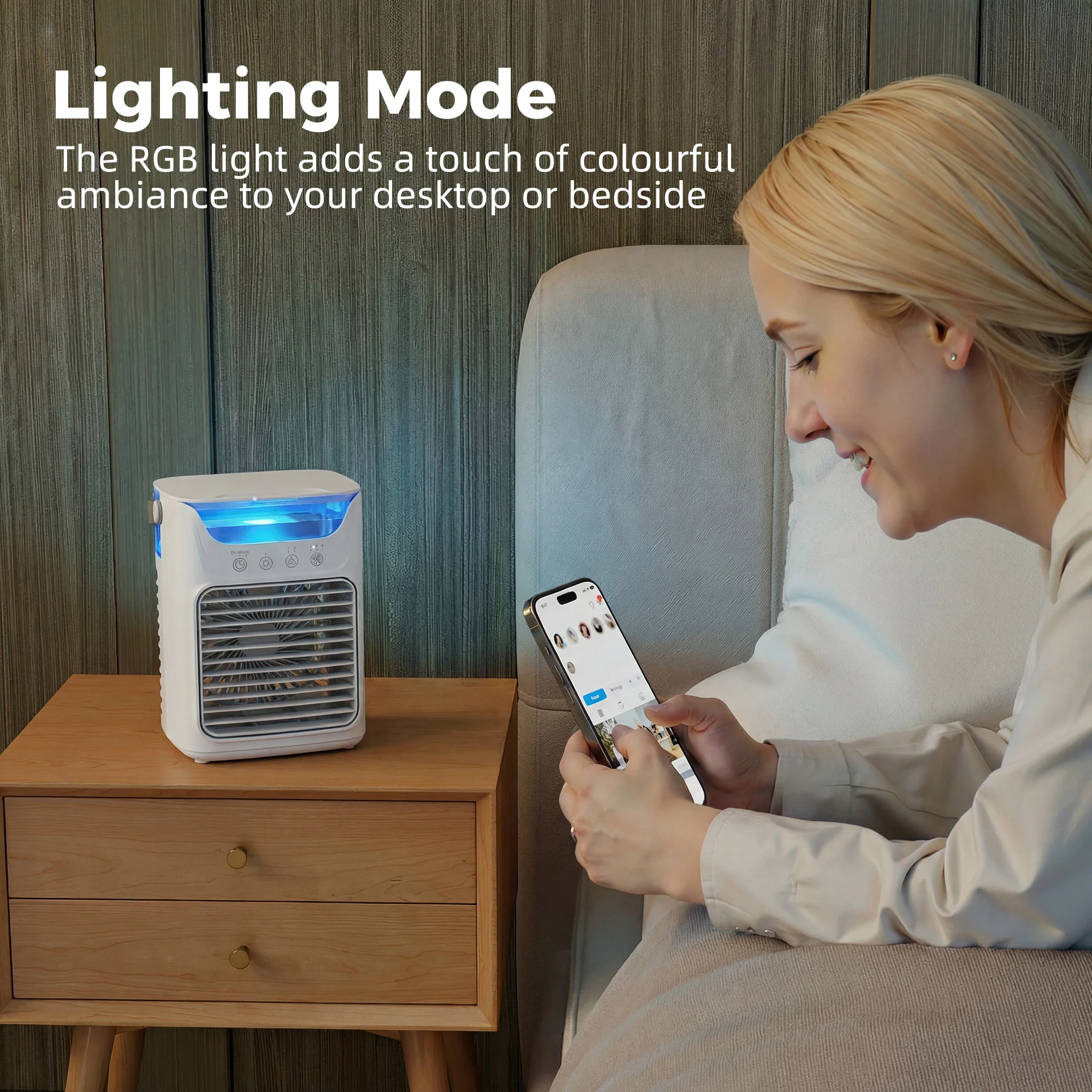 21 cm Desk Fan with Adjustable Head, 3-Speed Table Fan with Water Tank & RGB Light, Grey - Image 9