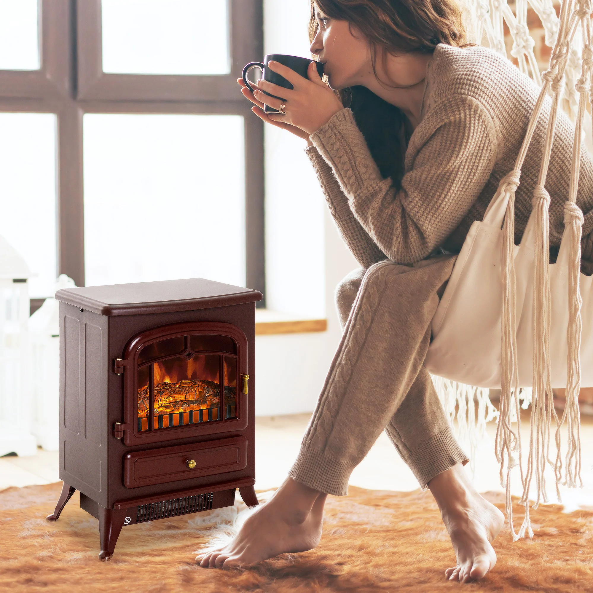 22" Electric Fireplace Heater with Realistic LED Flames & Overheat Protection, Red - Image 4