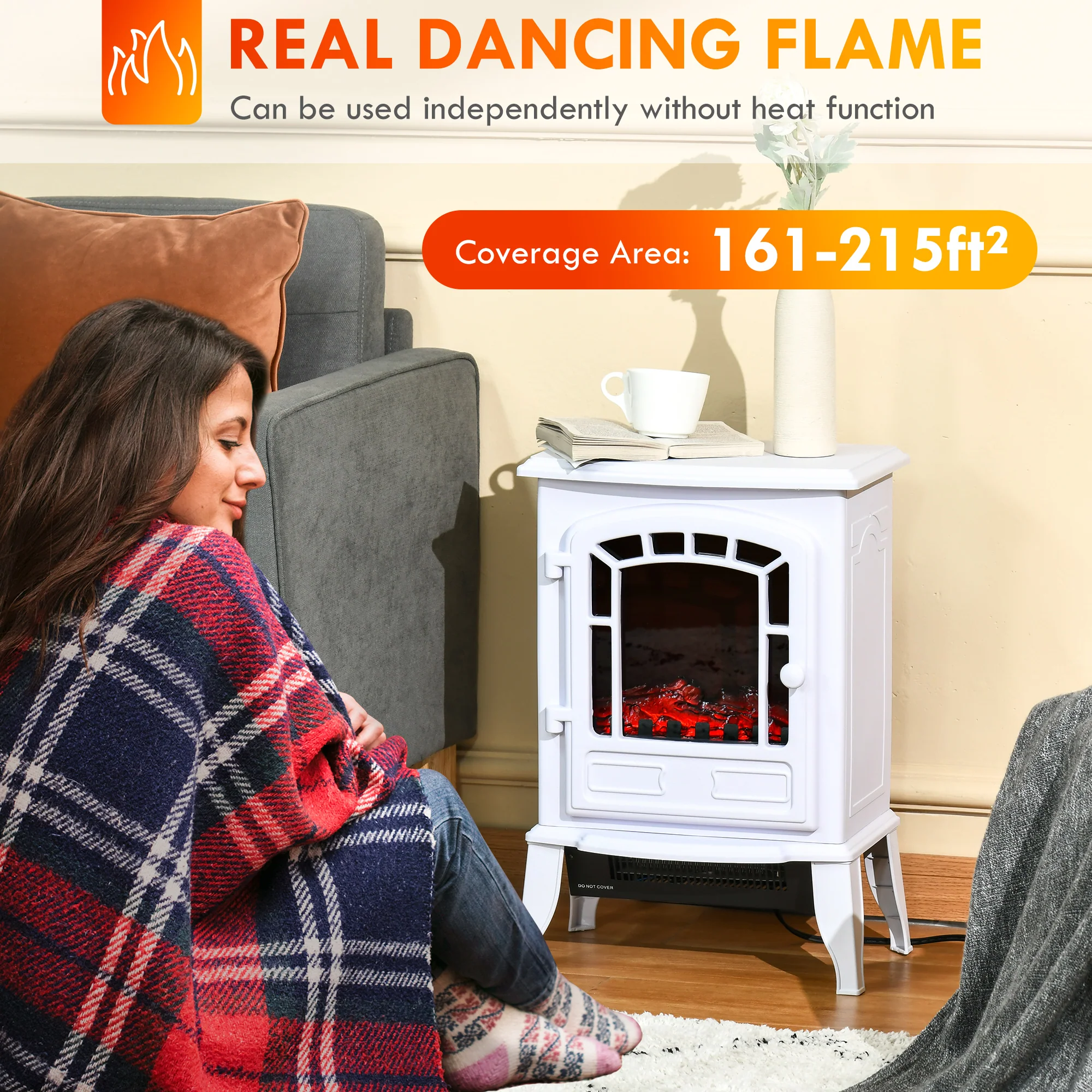 22" Free Standing Electric Fireplace with Door & Overheat Safety Protection, 750W/1500W, White - Image 6