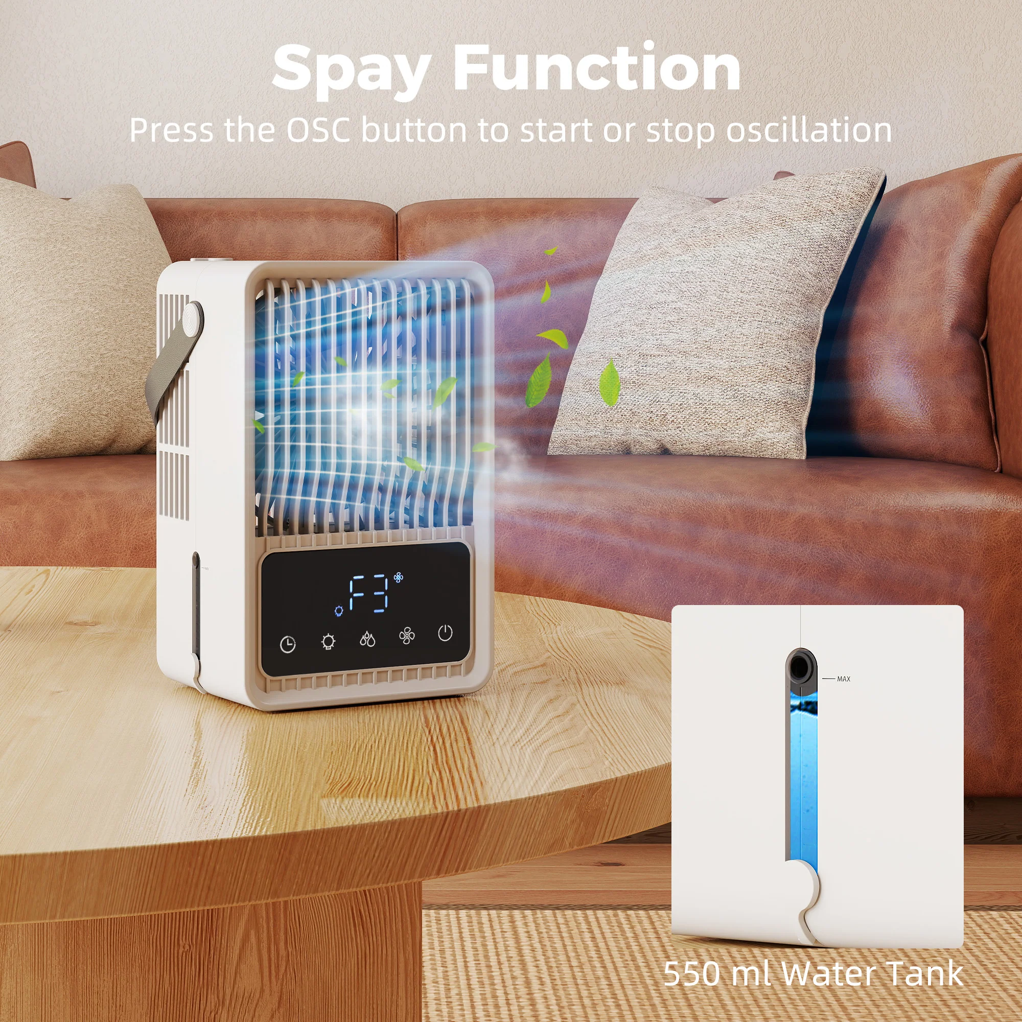 23.2 cm Desk Fan with Humidifier, 3-Speed Table Fan with 550ml Water Tank, Small Fan with RGB Light for Bedroom, Home Office, Black - Image 7