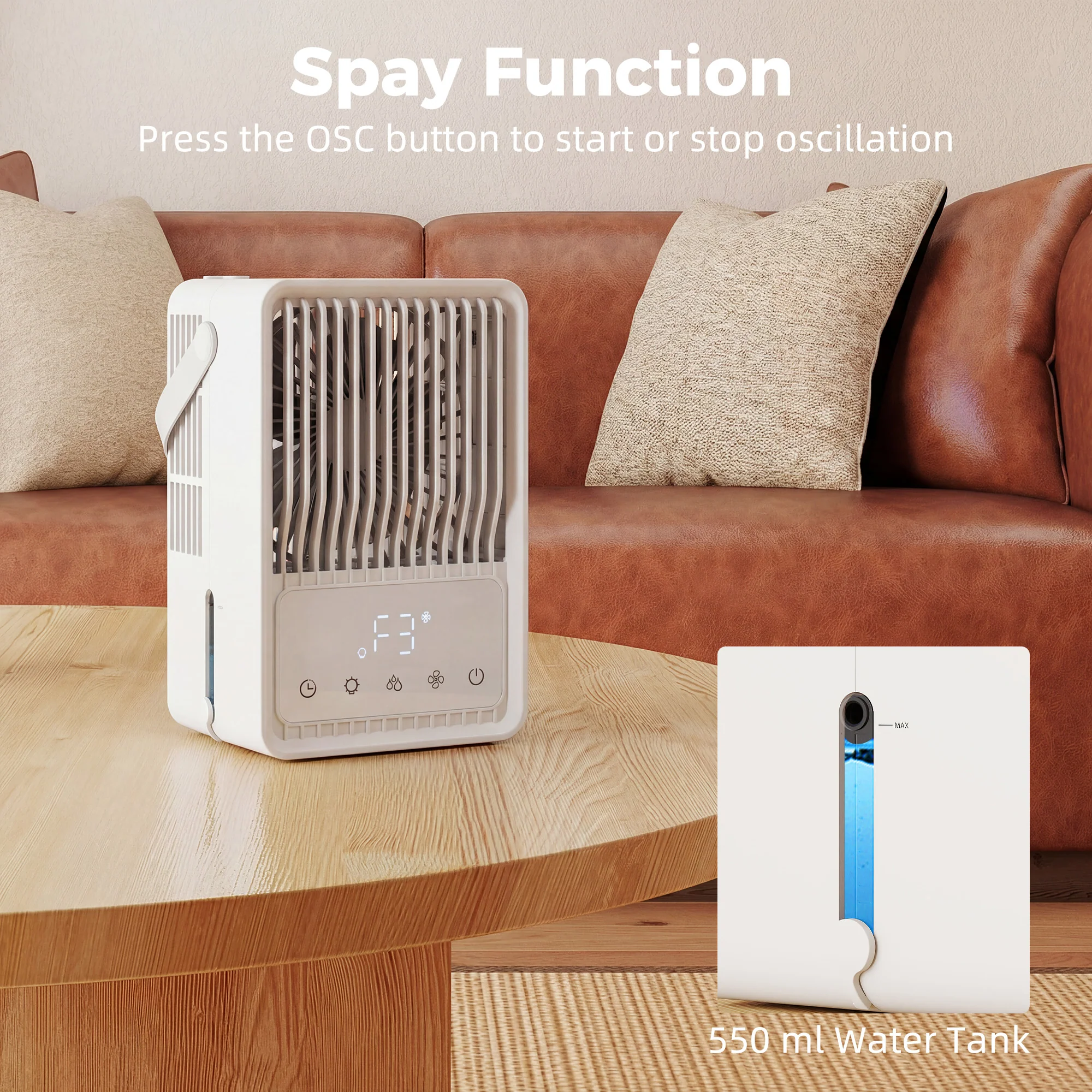 23.2 cm Desk Fan with Humidifier, 3-Speed Table Fan with 550ml Water Tank, Small Fan with RGB Light for Bedroom, Home Office, White - Image 7