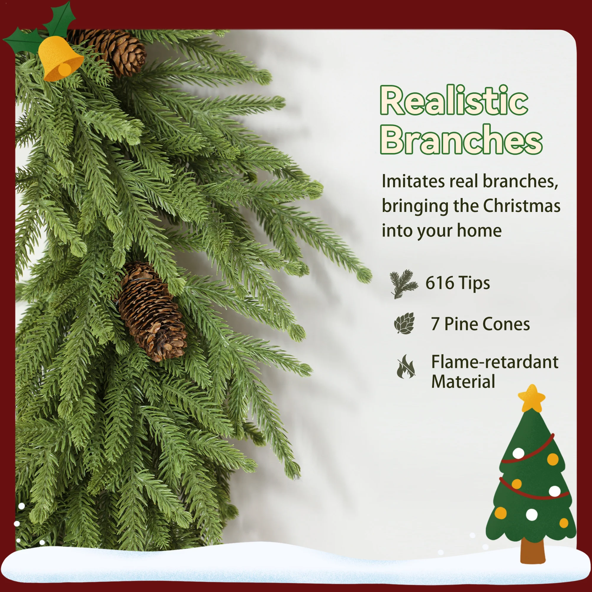 24 inch Christmas Wreath with Pine Cones, Artificial Norfolk Pine Wreath with 88 Realistic Branches for Door, Wall, Window, Indoor Decoration, Green - Image 7