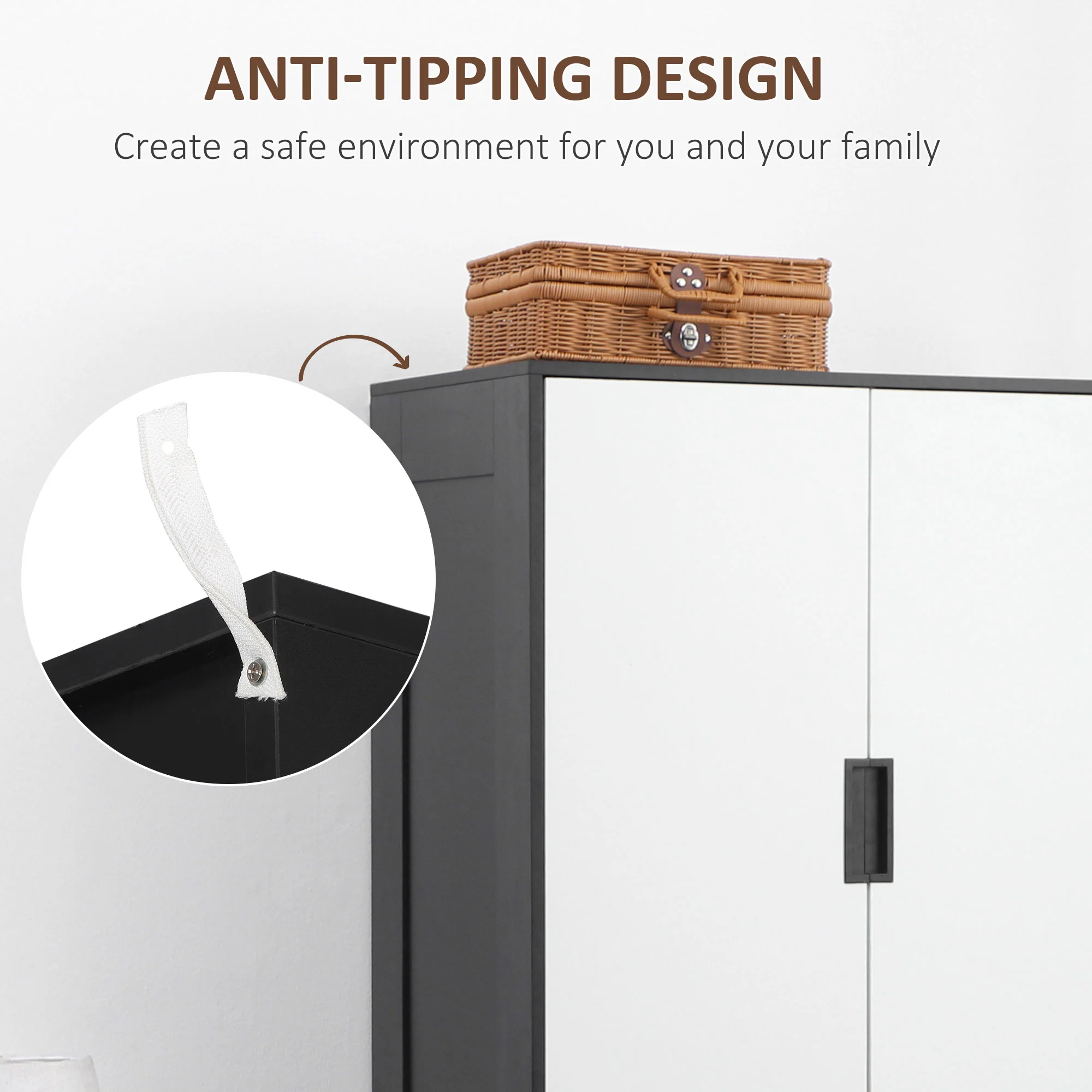 Modern Clothes Storage Cupboard Unit, Wardrobe with Hanging Rod, 3-Drawer and 2-Door, Black - Image 8