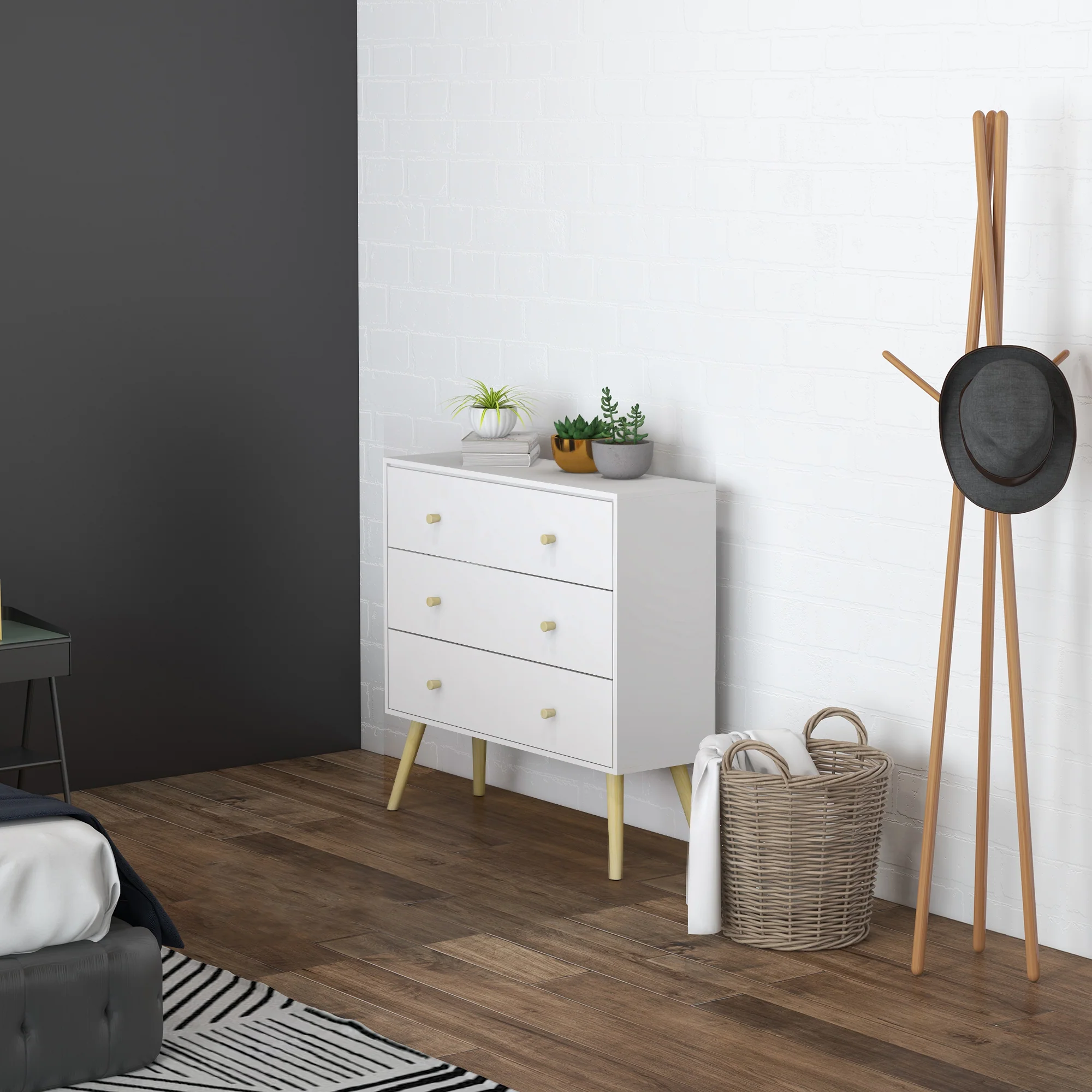 3 Drawer Dresser, Chest of Drawers with Wood Legs and Handles for Living Room, White - Image 3