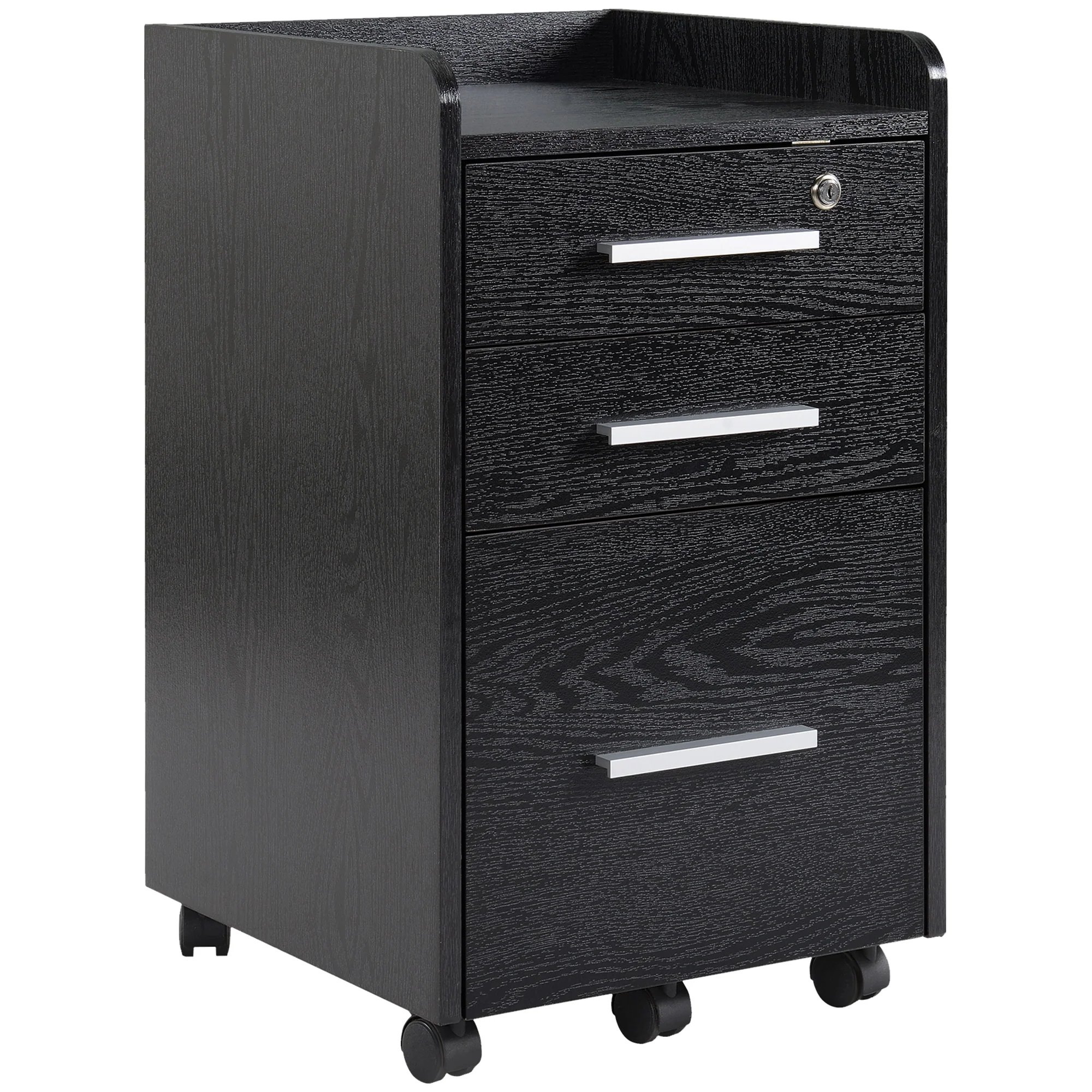 3 Drawer Lockable Filing Cabinet on Wheels File with Edged Top & Hanging Bars, Black