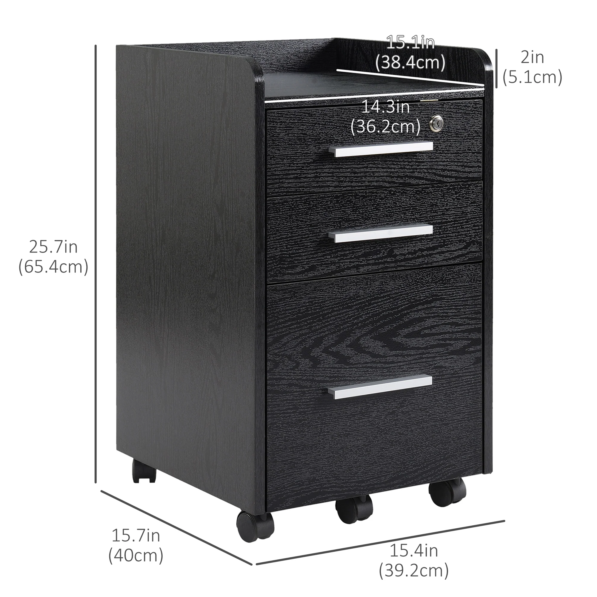 3 Drawer Lockable Filing Cabinet on Wheels File with Edged Top & Hanging Bars, Black - Image 5