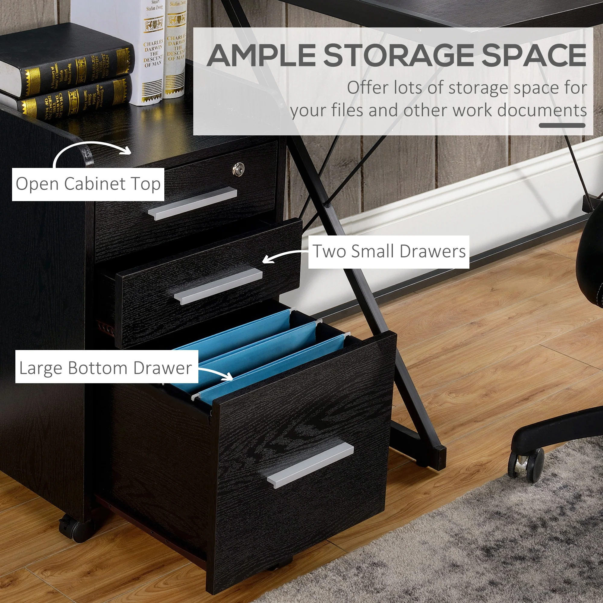 3 Drawer Lockable Filing Cabinet on Wheels File with Edged Top & Hanging Bars, Black - Image 6