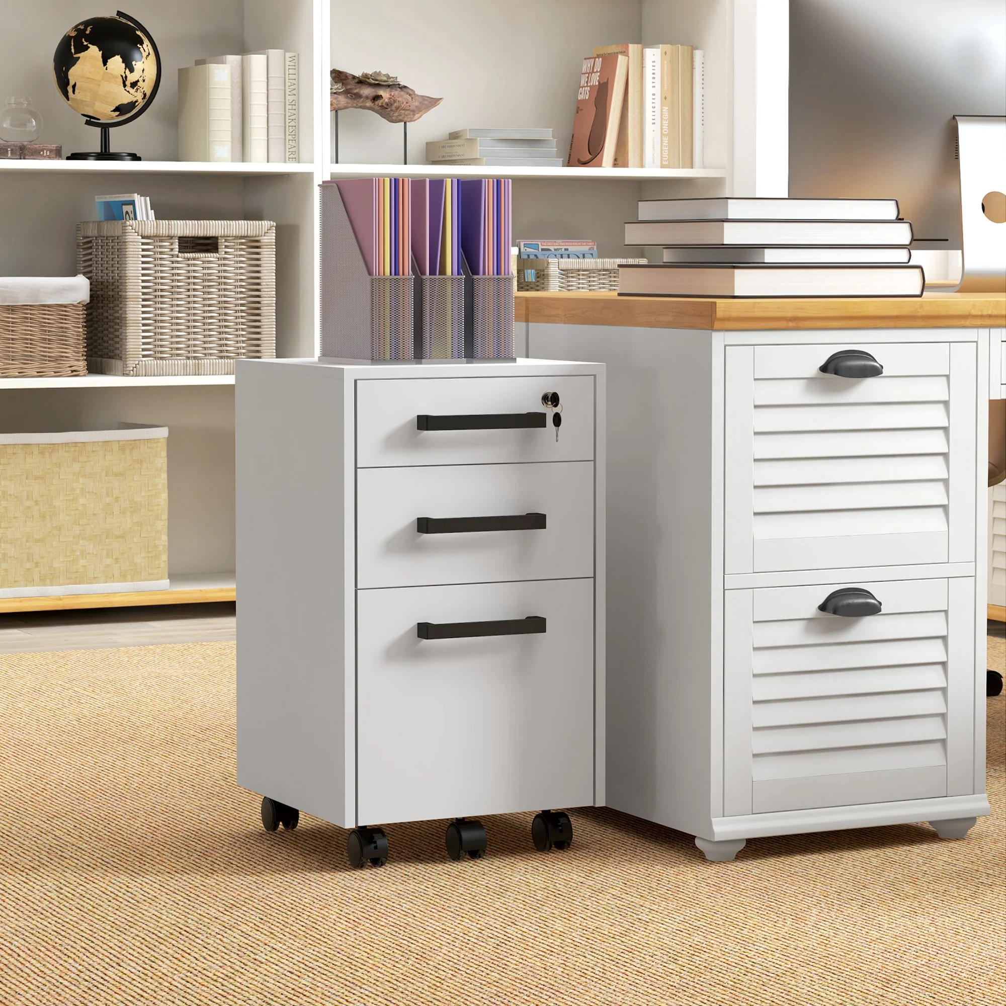 3 Drawer File Cabinet on Wheels with Lock, Flat Top & Hanging Bars for A4 Size, White - Image 4